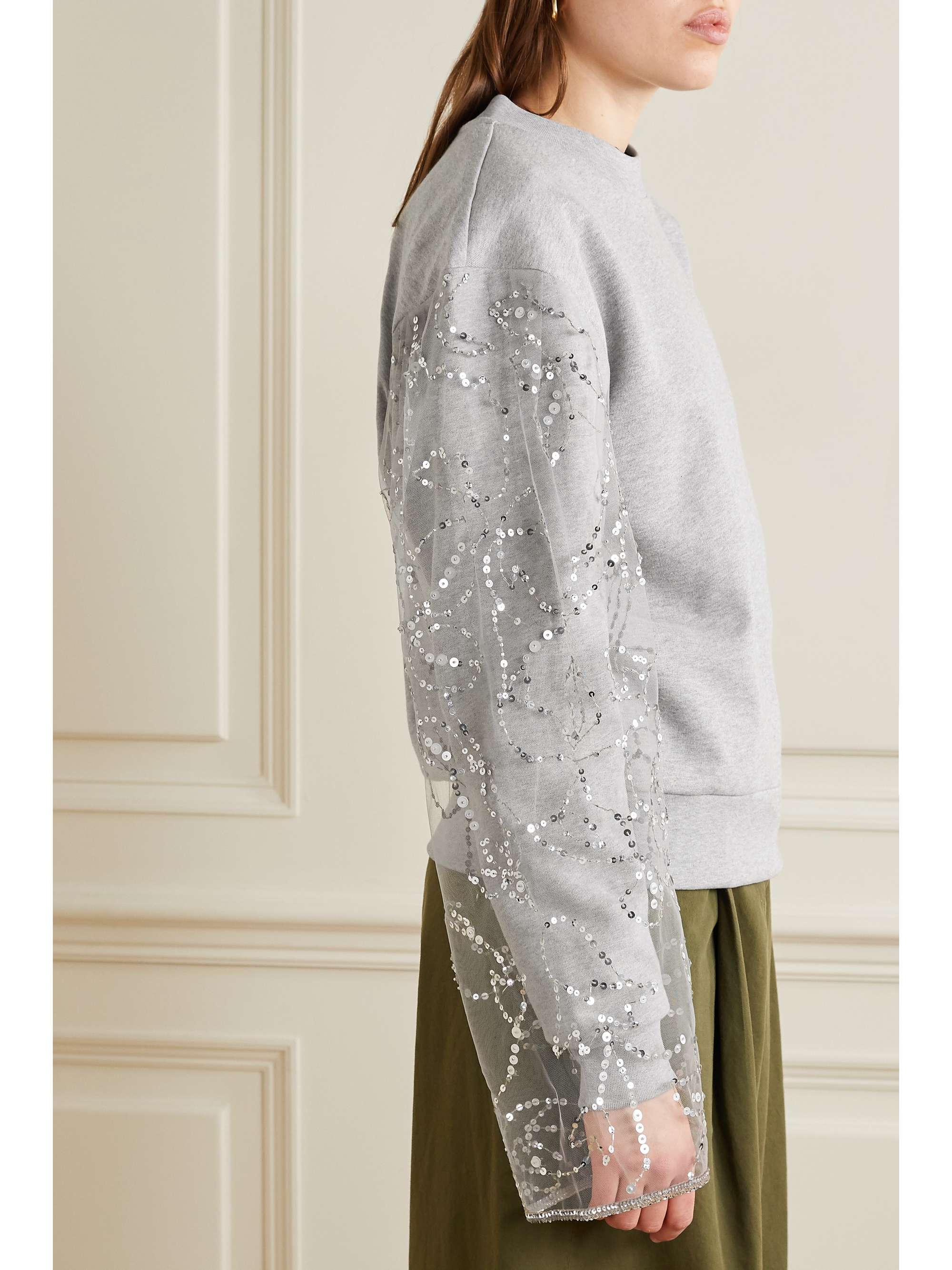 DRIES VAN NOTEN Embellished tulle-paneled cotton-blend jersey sweatshirt