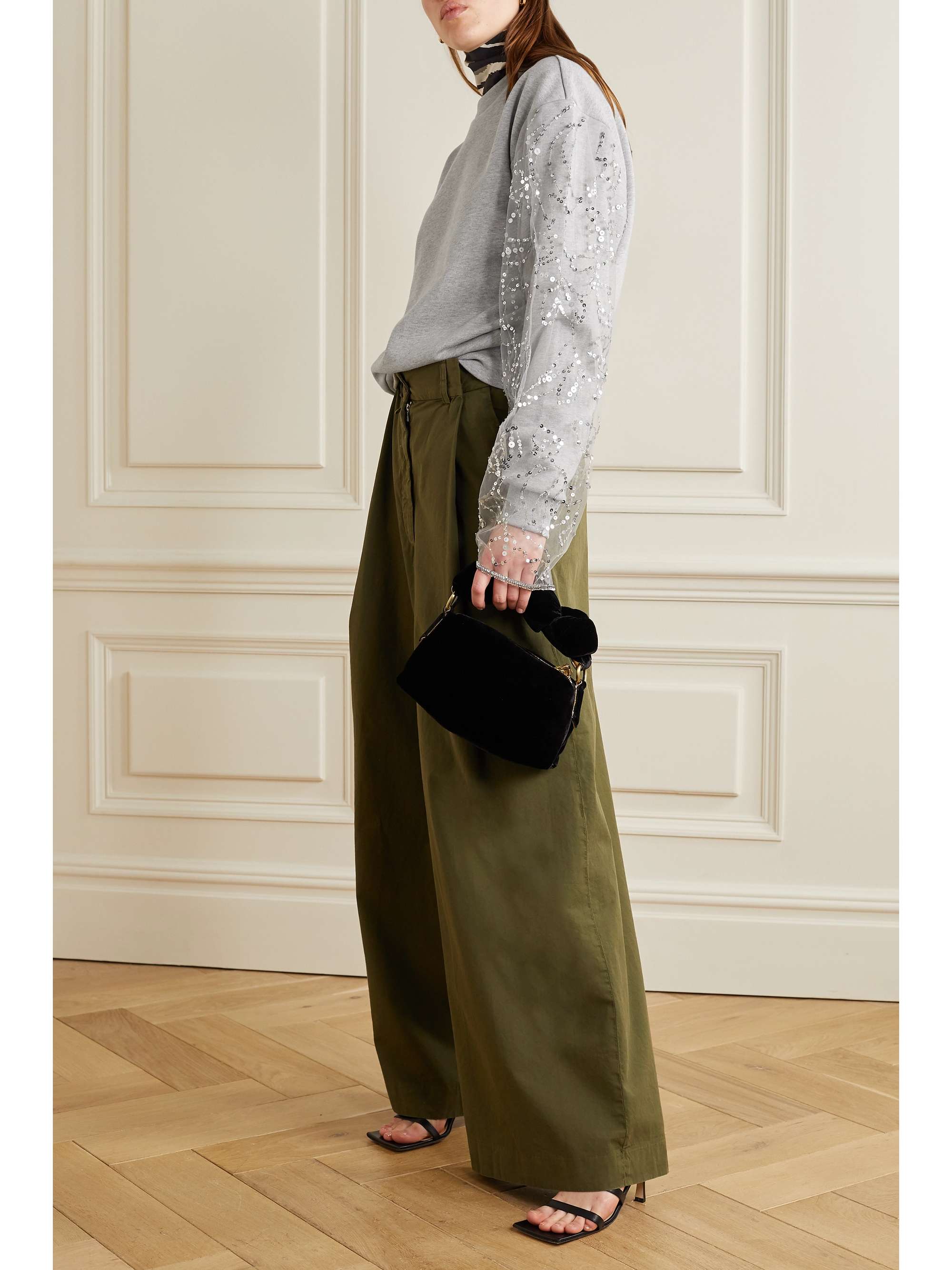 DRIES VAN NOTEN Embellished tulle-paneled cotton-blend jersey sweatshirt