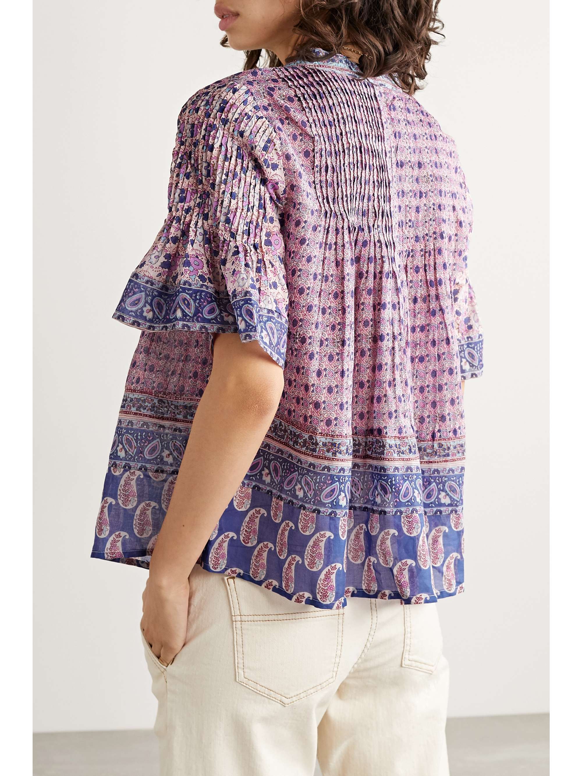SEA Bianca pintucked printed cotton-voile top