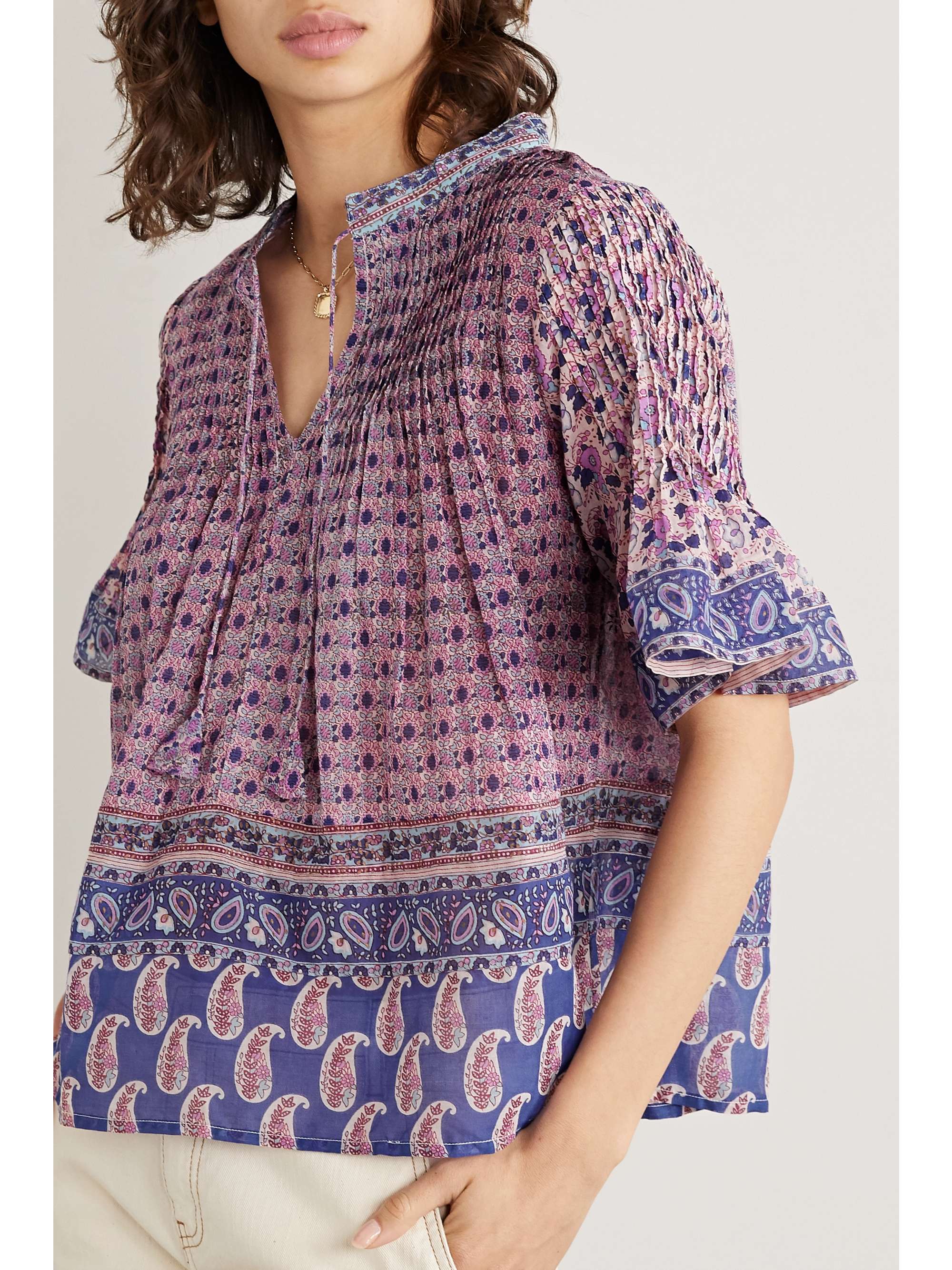 SEA Bianca pintucked printed cotton-voile top