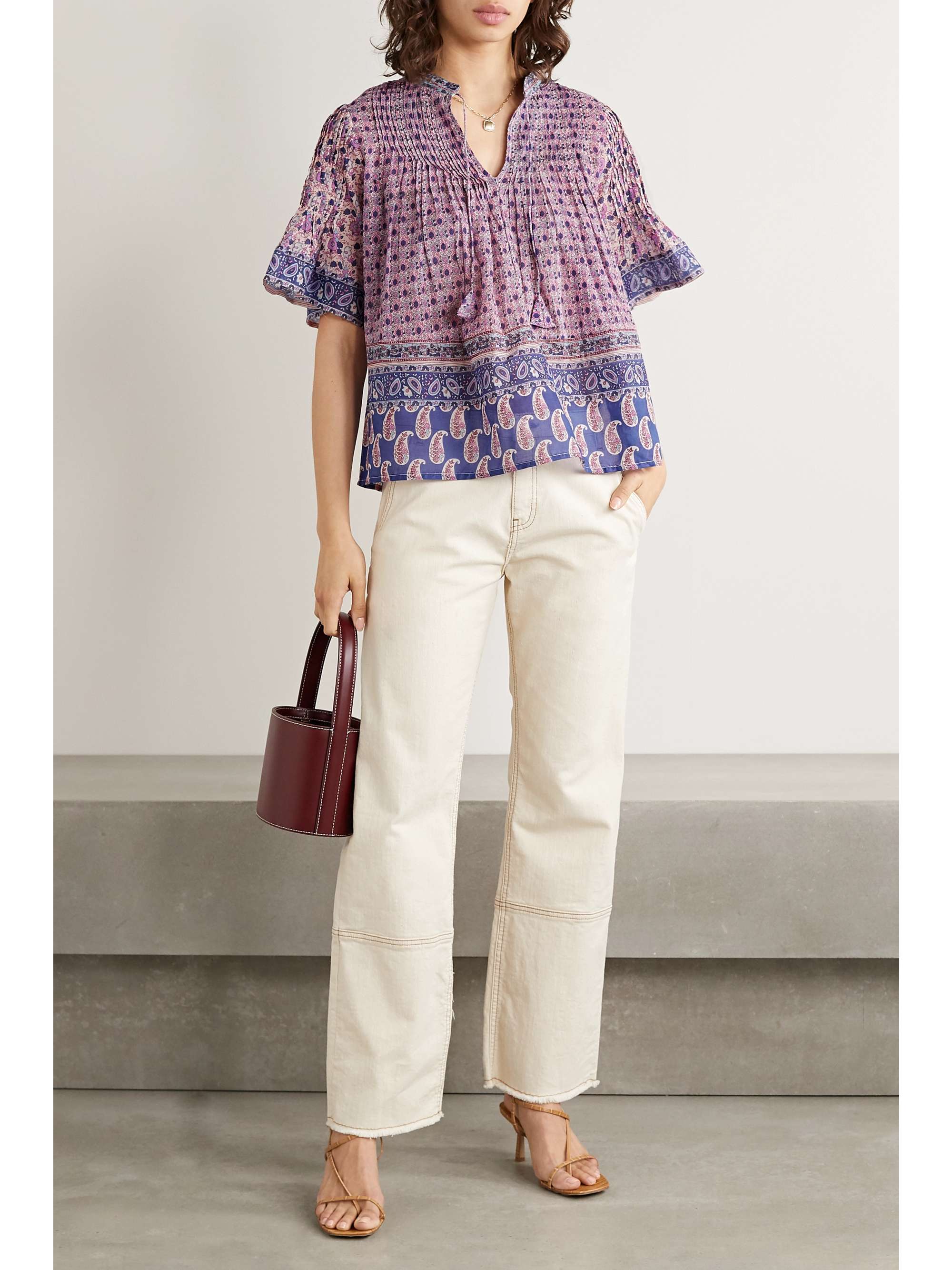 SEA Bianca pintucked printed cotton-voile top
