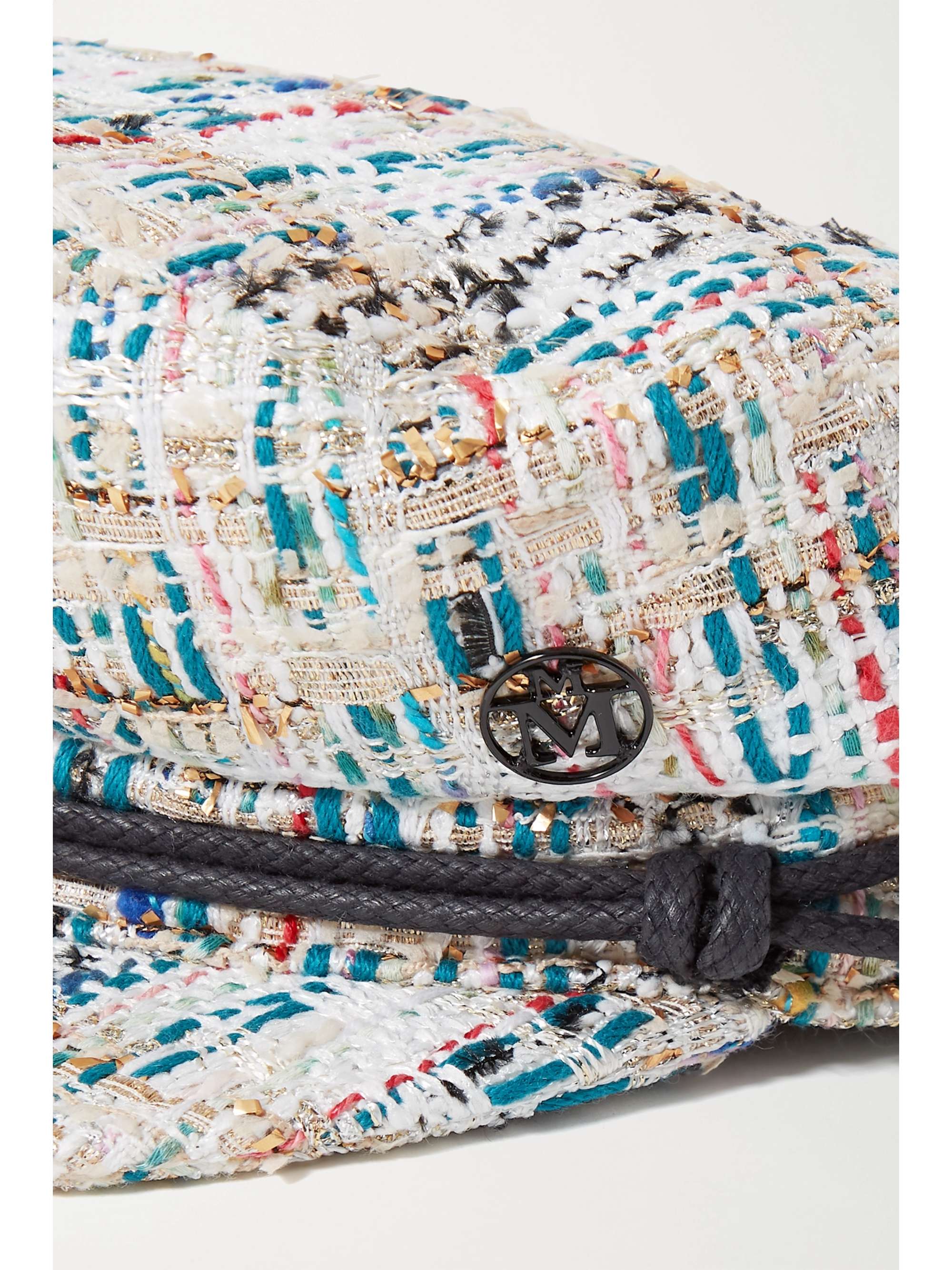 MAISON MICHEL New Abby leather-trimmed metallic bouclé-tweed cap