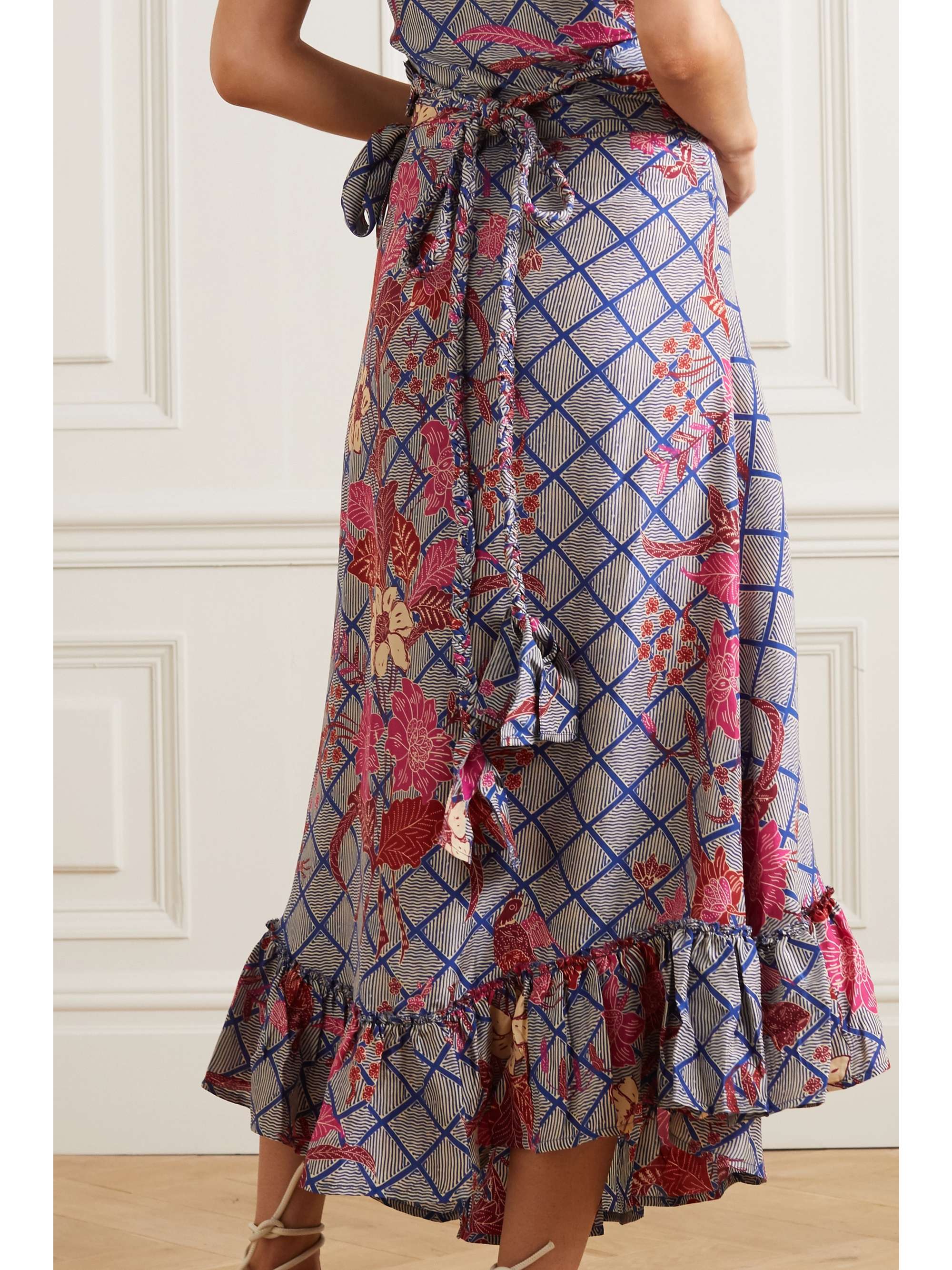 APIECE APART Feliz ruffled floral-print silk-satin wrap midi skirt