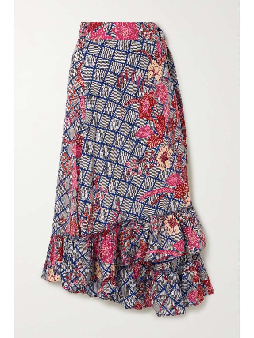 APIECE APART Feliz Ruffled Floral-print Silk-satin Wrap Midi Skirt