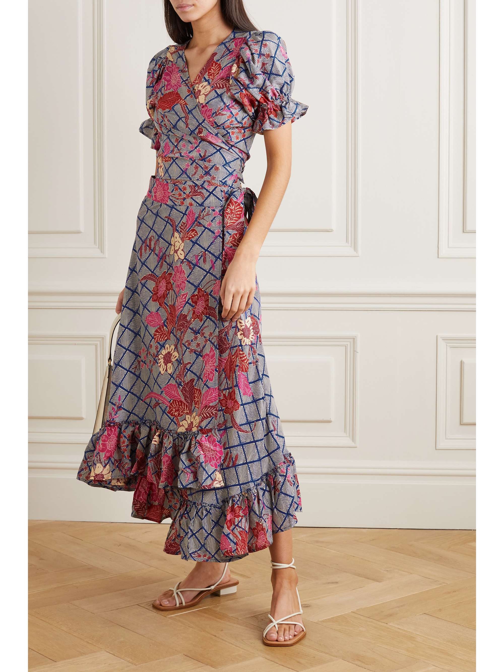 APIECE APART Feliz ruffled floral-print silk-satin wrap midi skirt