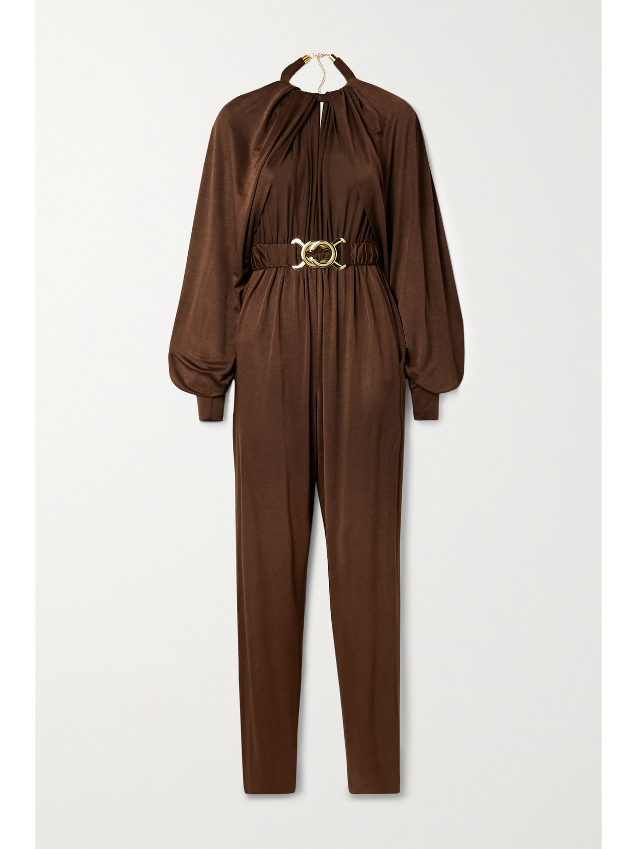 DODO BAR OR MIKA BELTED DRAPED STRETCH-SATIN JERSEY JUMPSUIT