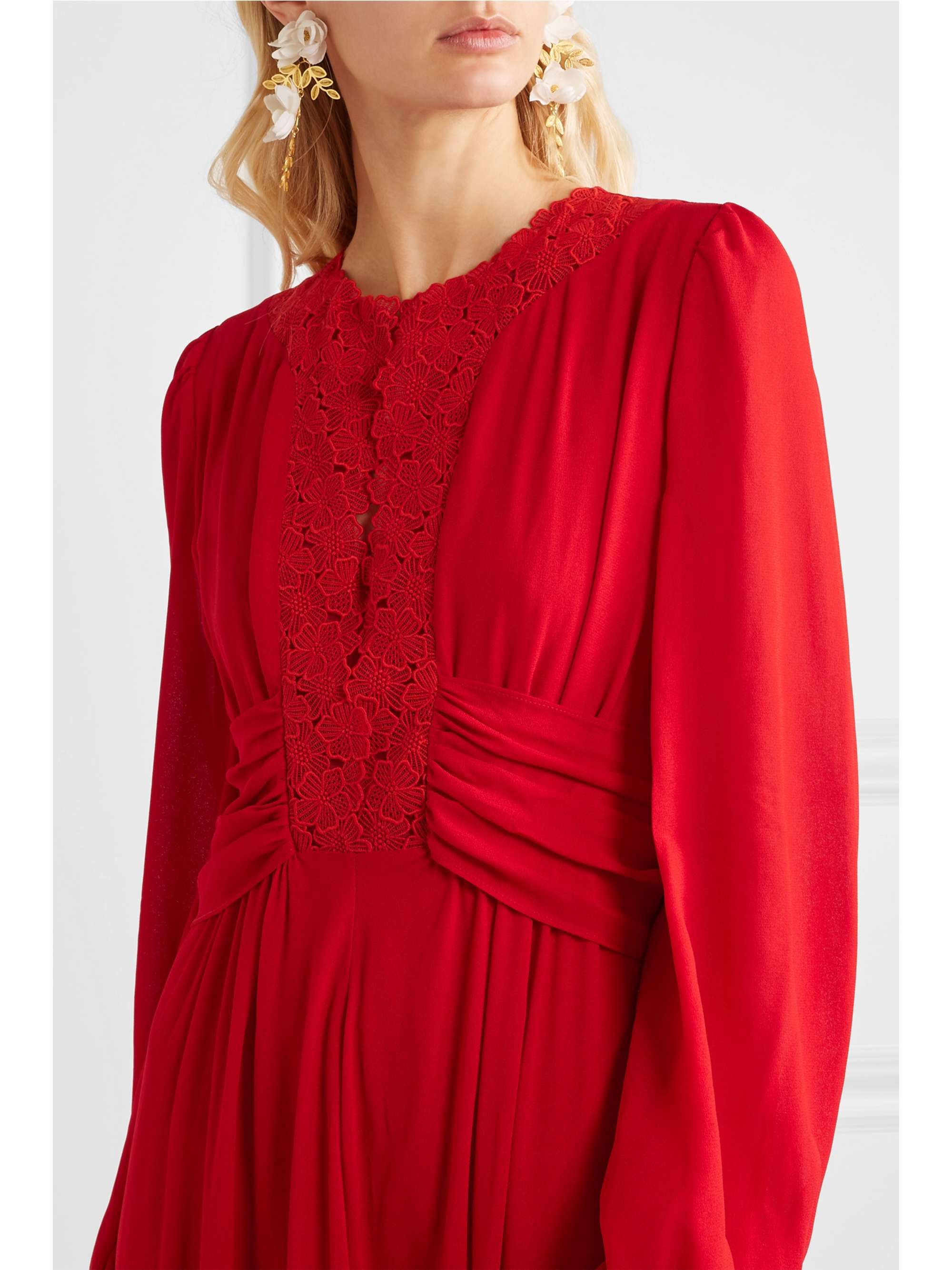 GIAMBATTISTA VALLI Guipure lace-trimmed gathered crepe de chine gown