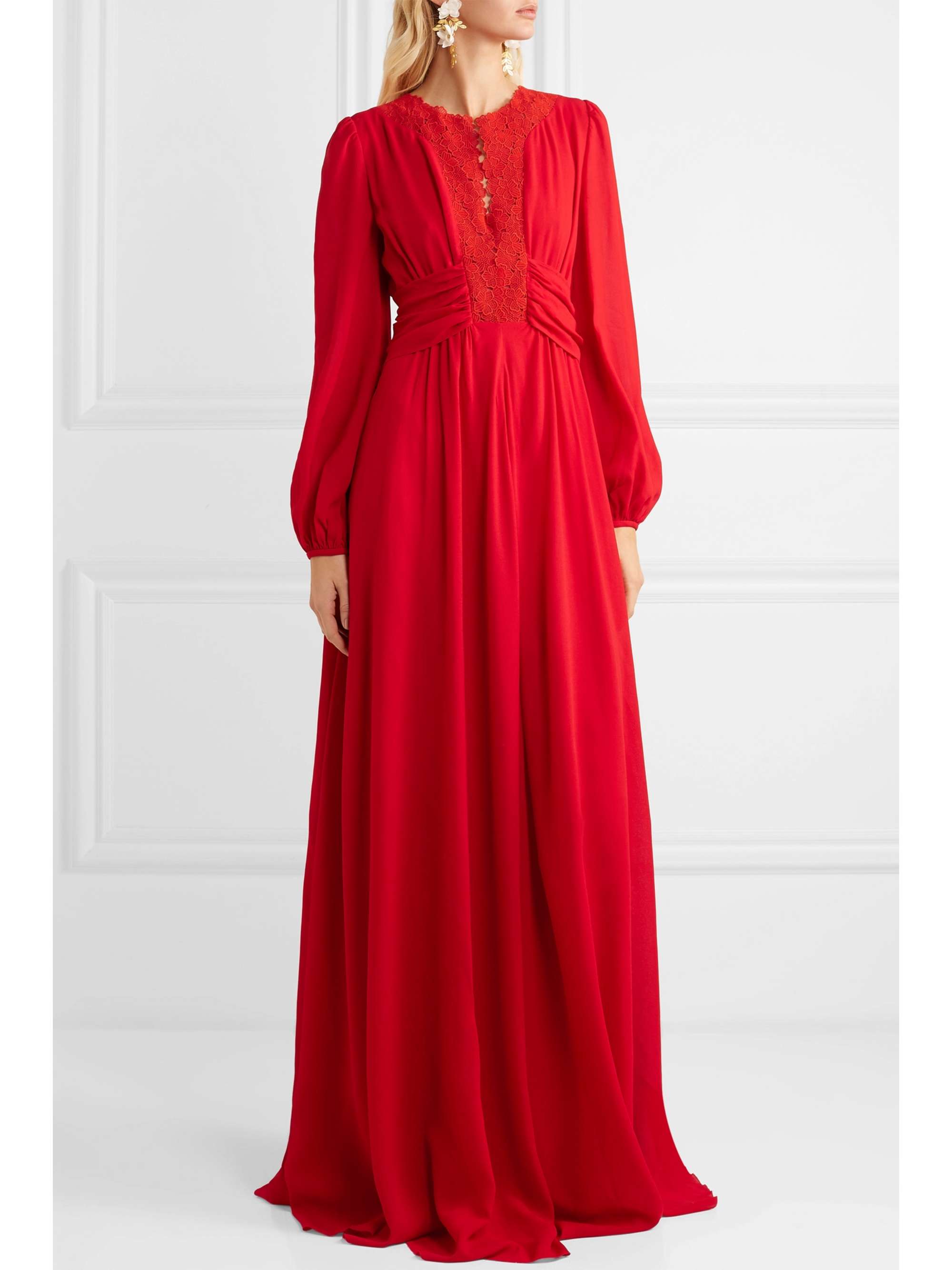 GIAMBATTISTA VALLI Guipure lace-trimmed gathered crepe de chine gown