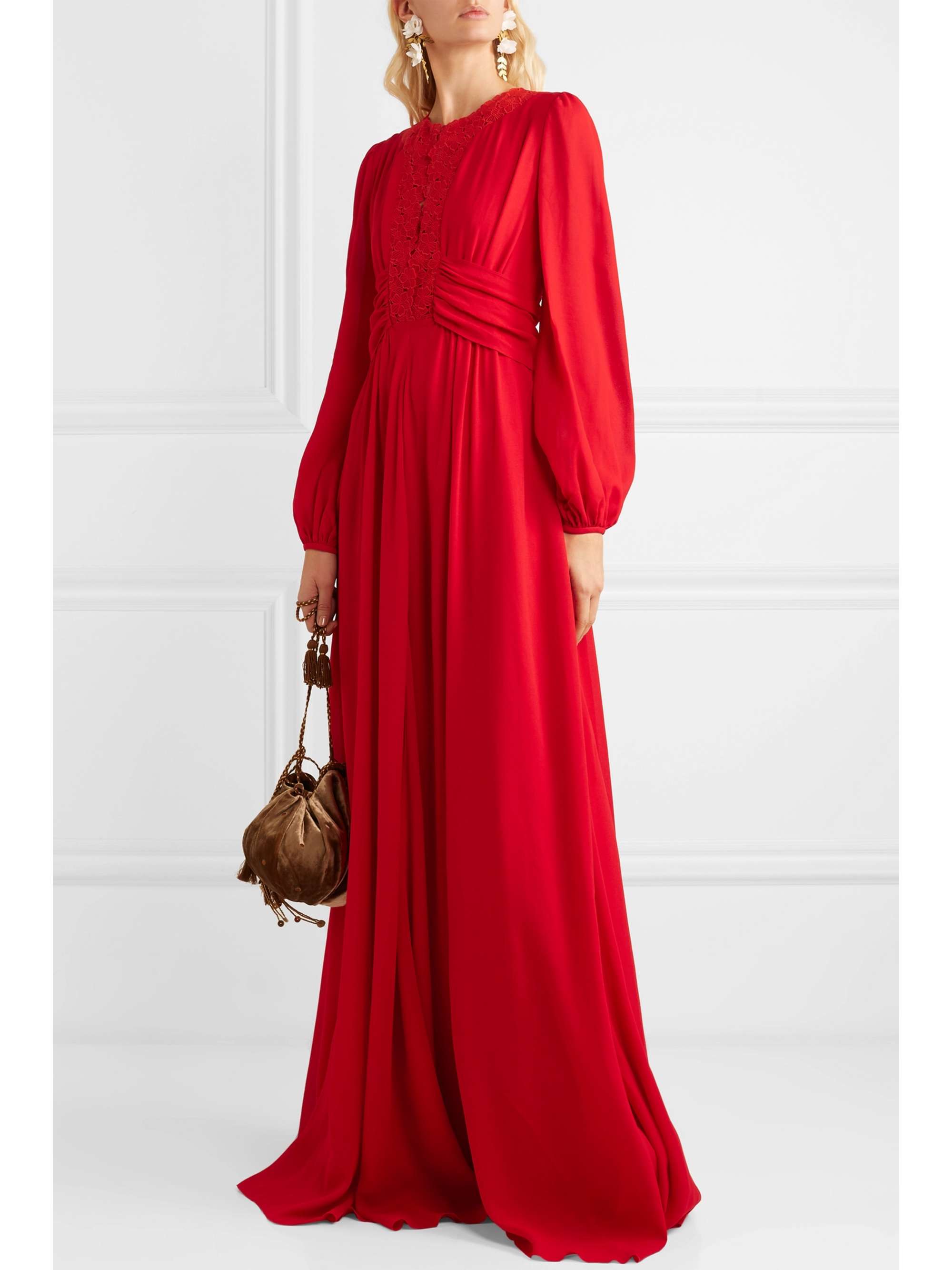 GIAMBATTISTA VALLI Guipure lace-trimmed gathered crepe de chine gown