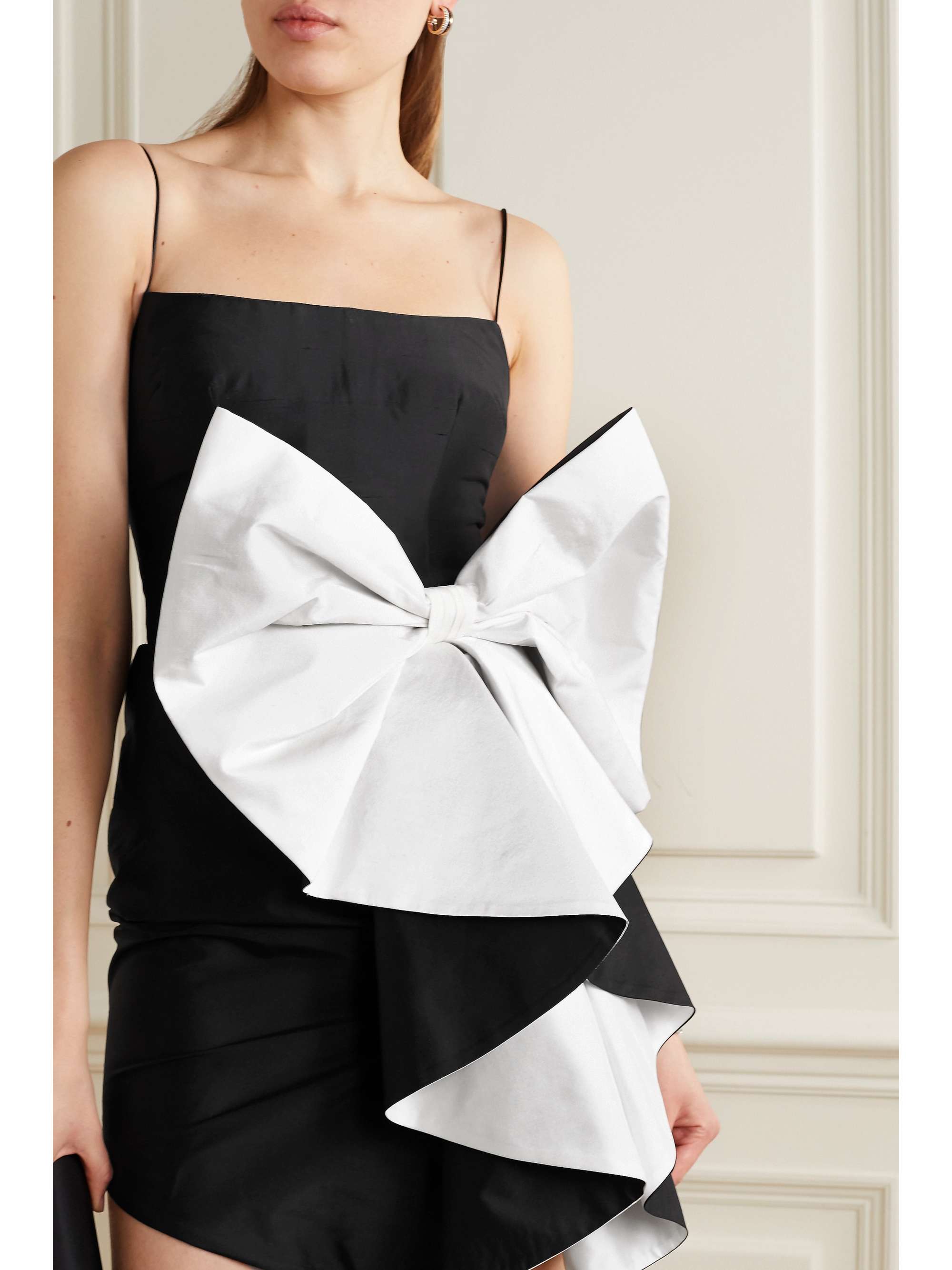 RASARIO Bow-embellished draped silk-shantung mini dress