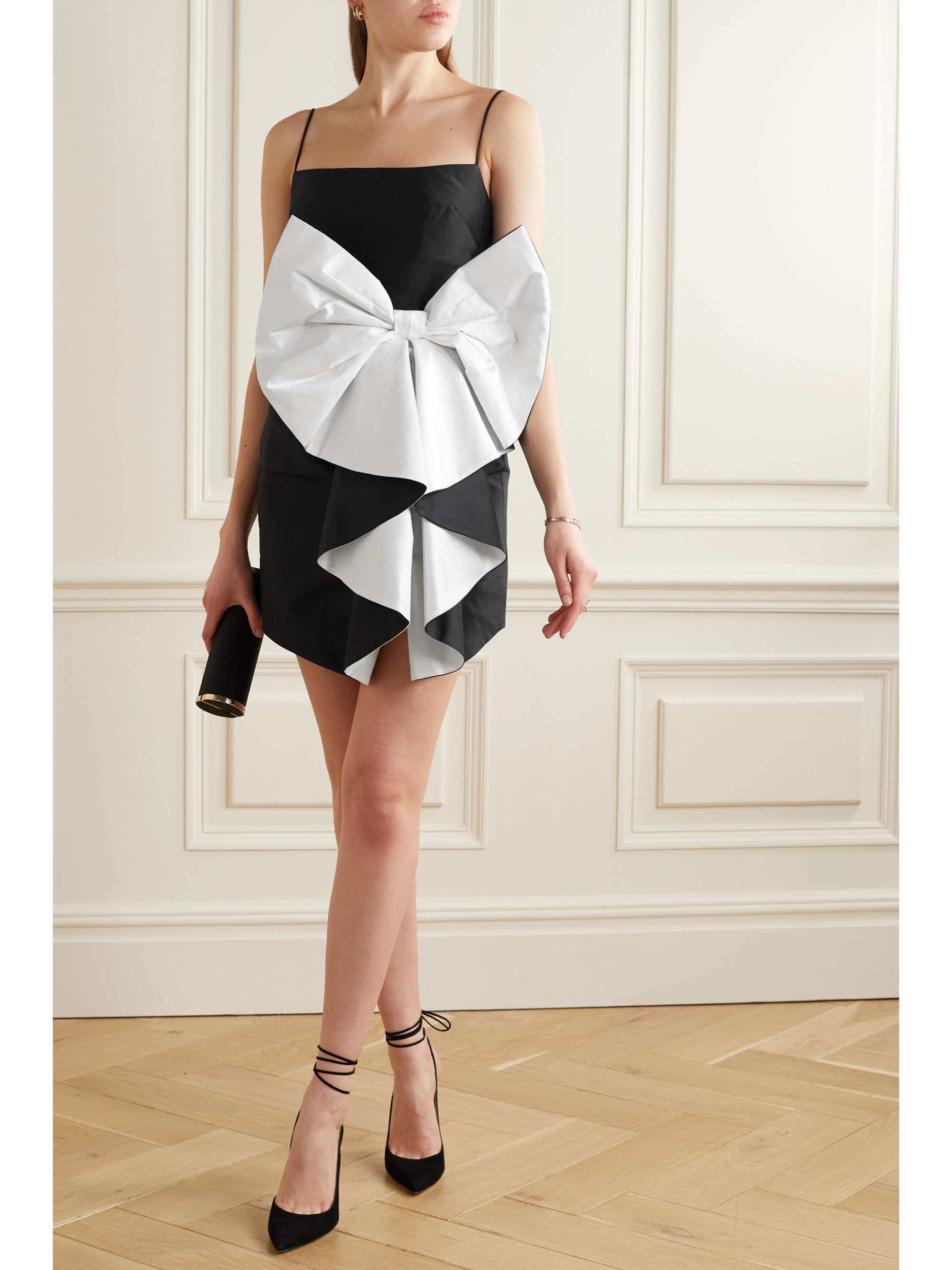 RASARIO Bow-embellished draped silk-shantung mini dress