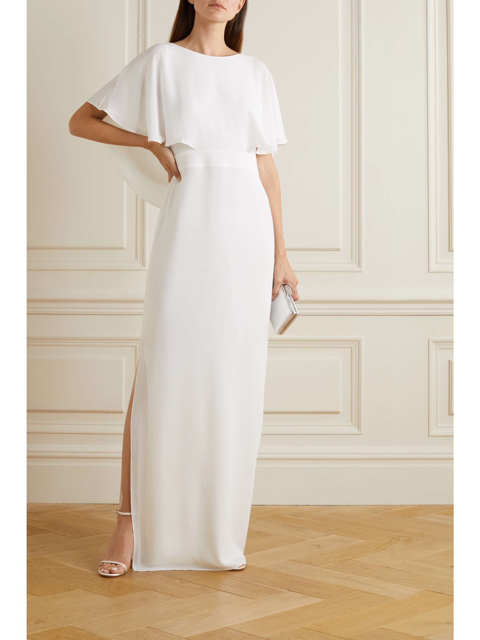 HALSTON Cape-effect crepe de chine gown
