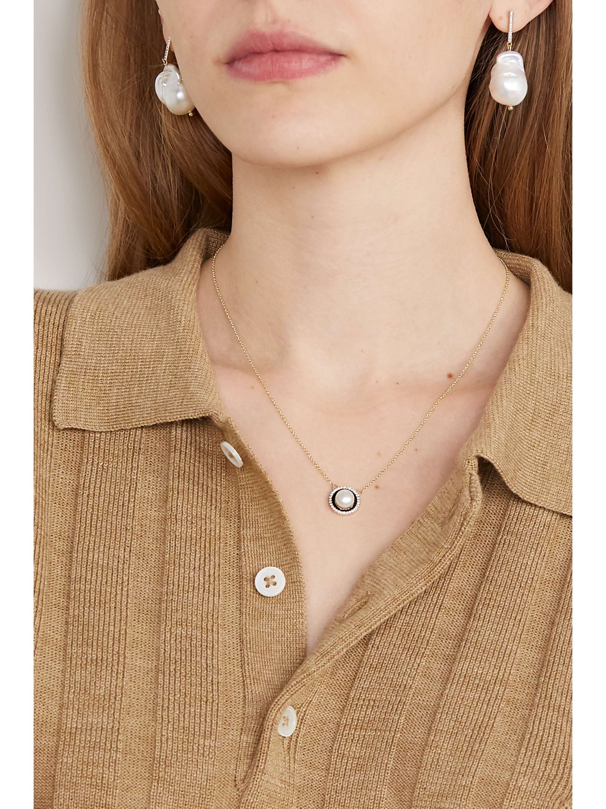 MATEO 14-karat gold, pearl, diamond and enamel necklace