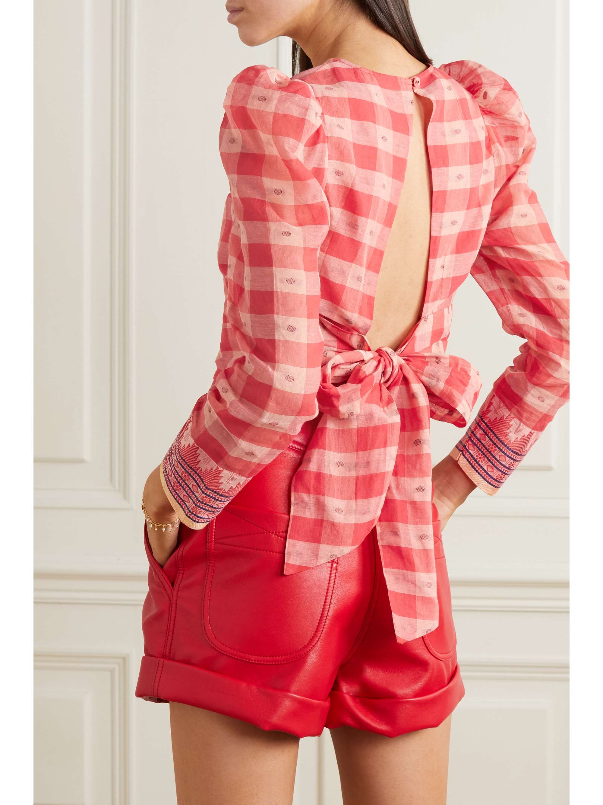 ULLA JOHNSON Eden jacquard-trimmed checked fil coupé cotton-voile top