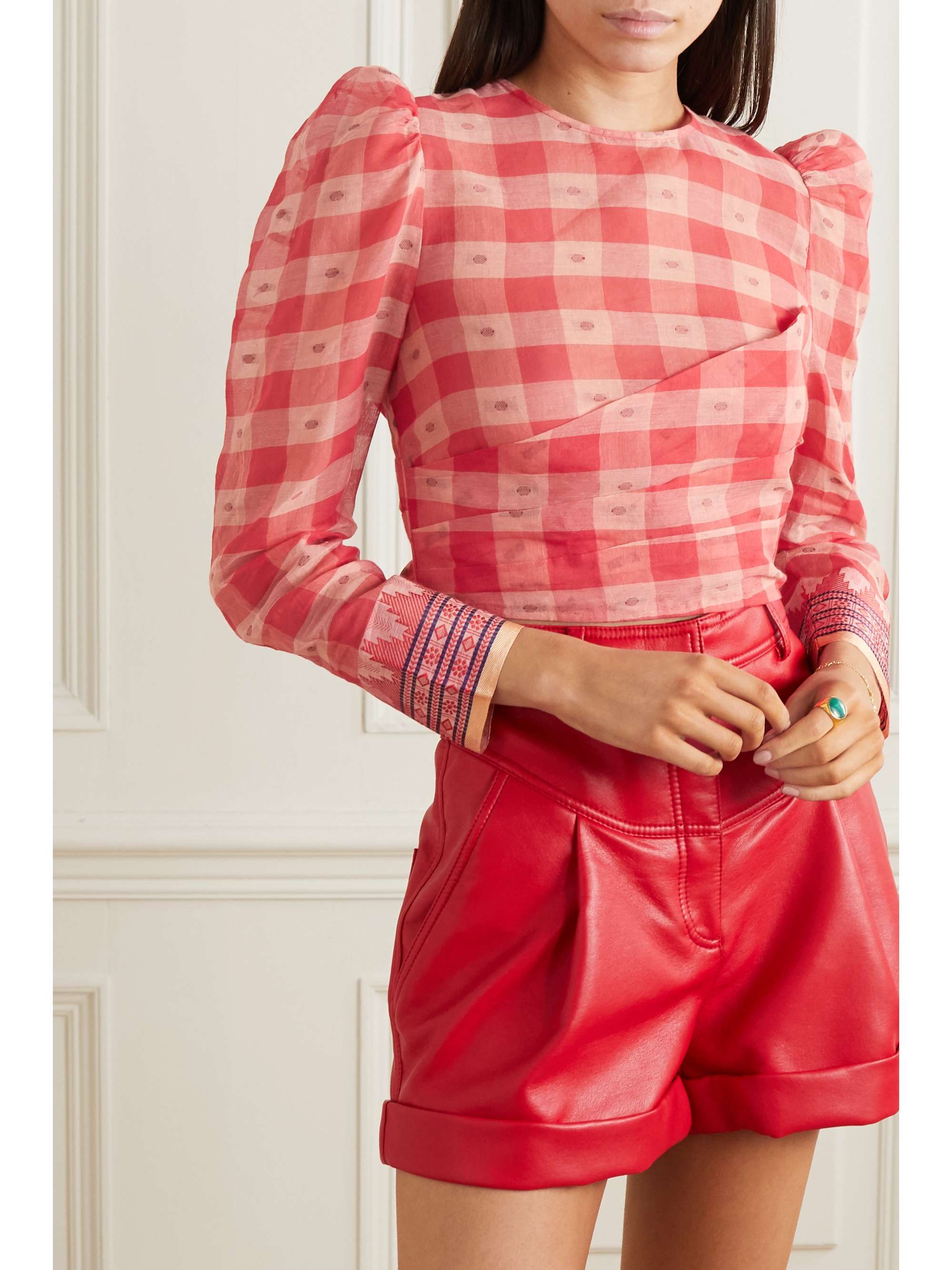 ULLA JOHNSON Eden jacquard-trimmed checked fil coupé cotton-voile top