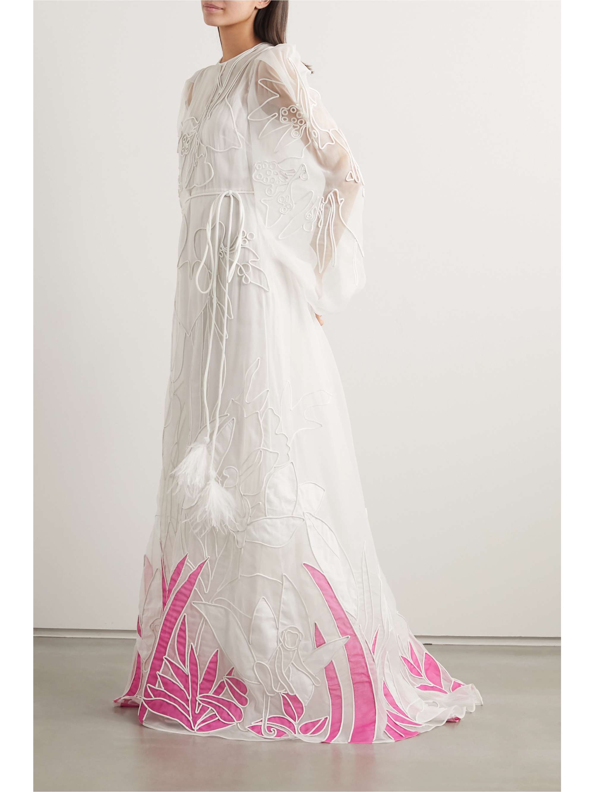 VALENTINO GARAVANI Feather-trimmed embroidered silk-organza gown