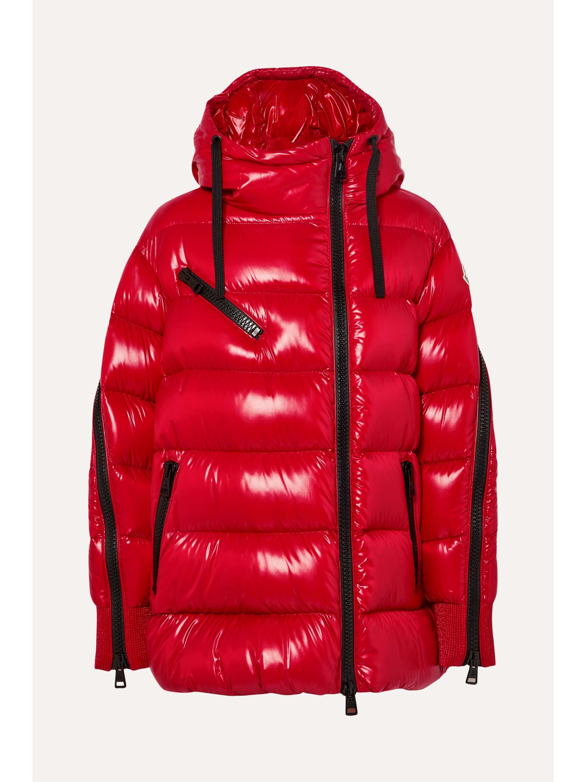 red hooded down jacket