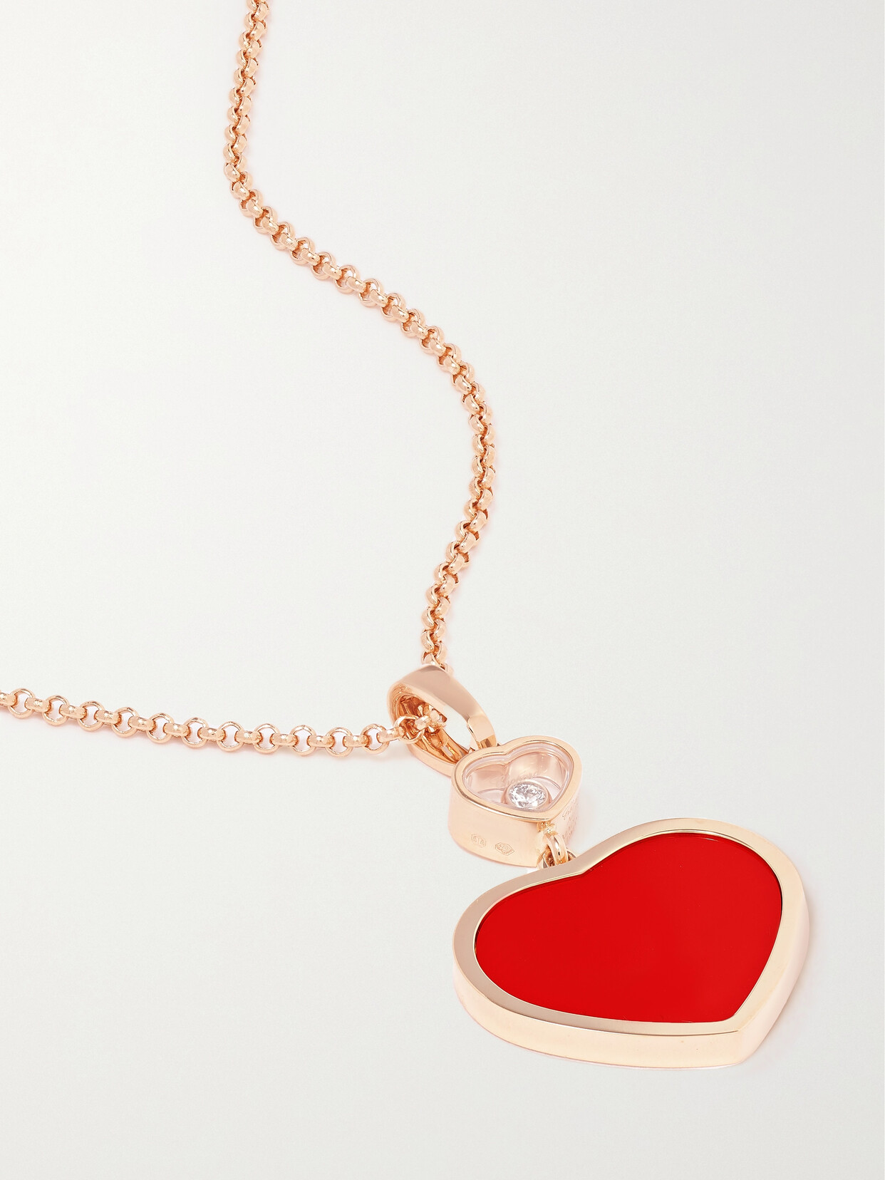 CHOPARD HAPPY HEARTS 18-KARAT ROSE GOLD, DIAMOND AND RED STONE NECKLACE