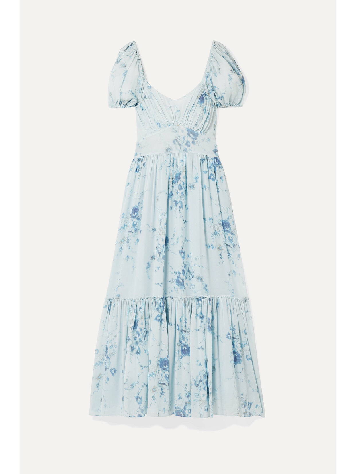 LOVESHACKFANCY ANGIE GATHERED FLORAL-PRINT SILK-GEORGETTE MAXI DRESS