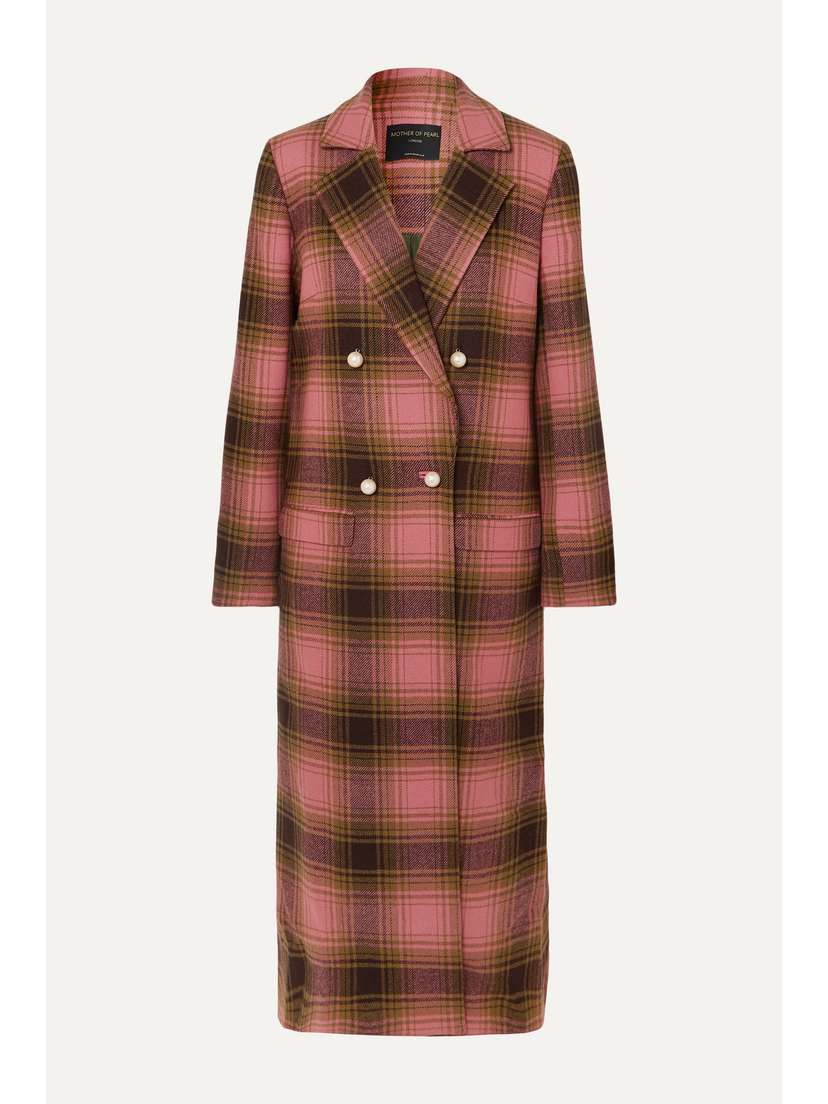 Mother of Pearl Mable Embellished Double-breasted Checked Wool Coat