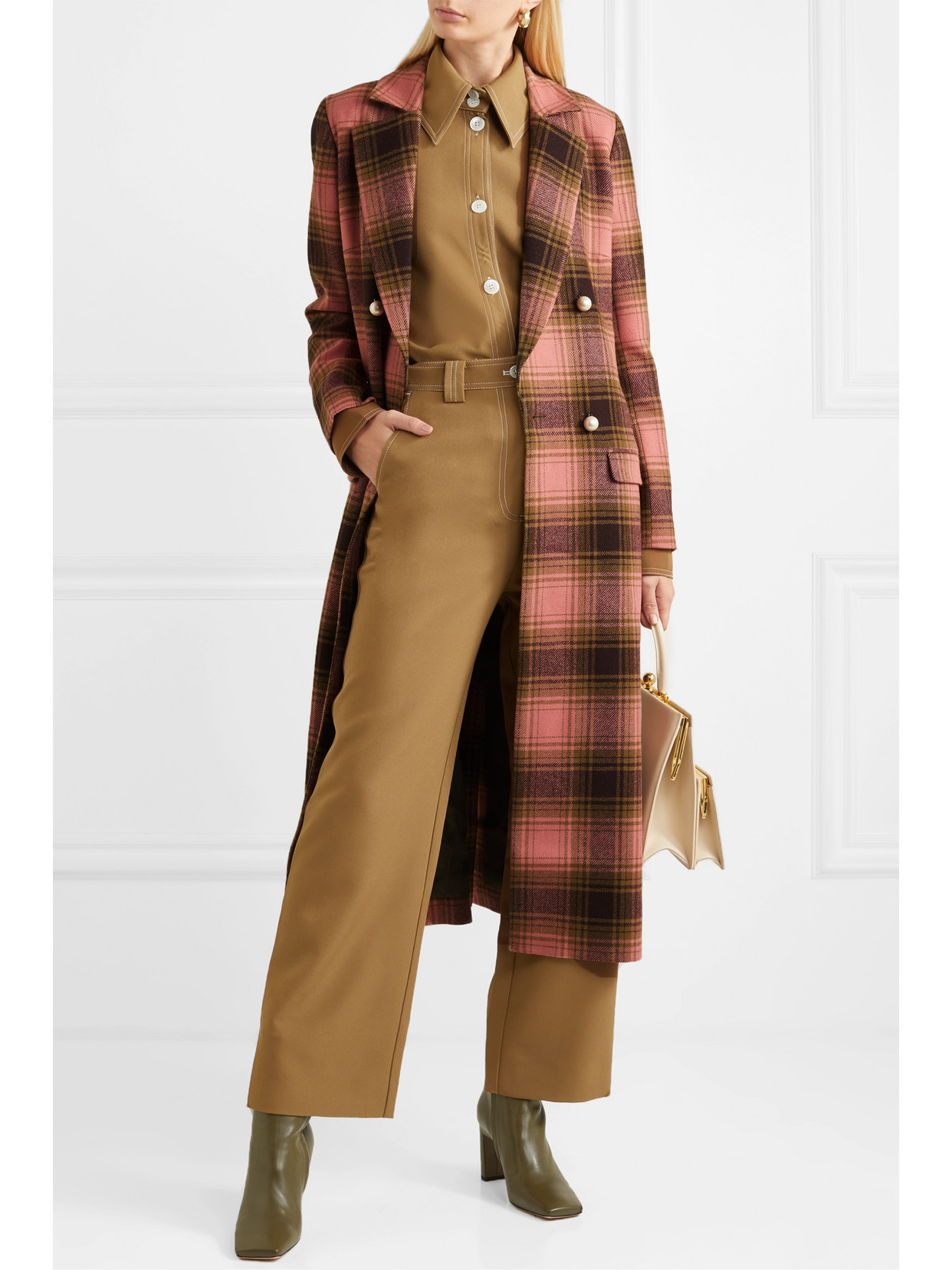 Mother Of Pearl Mable Embellished Double-breasted Checked Wool Coat In Brown