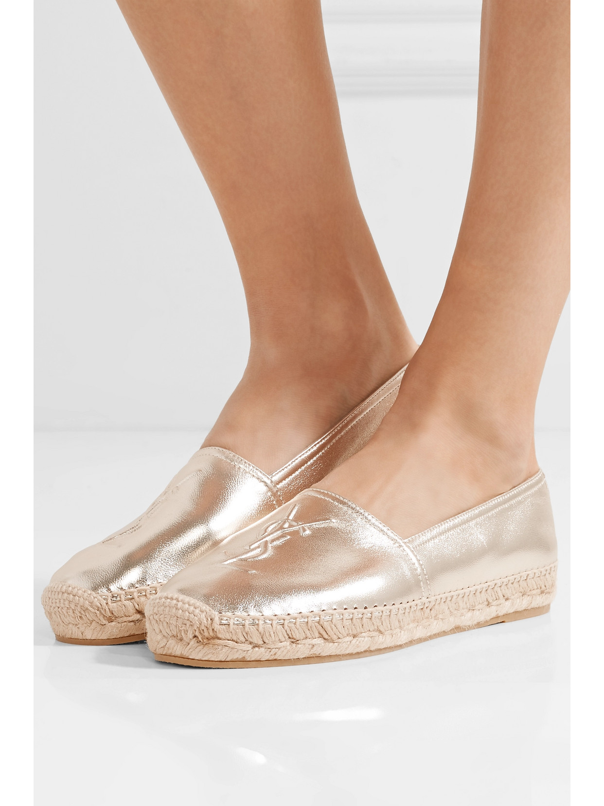 Shop Saint Laurent Logo Metallic Leather Espadrilles