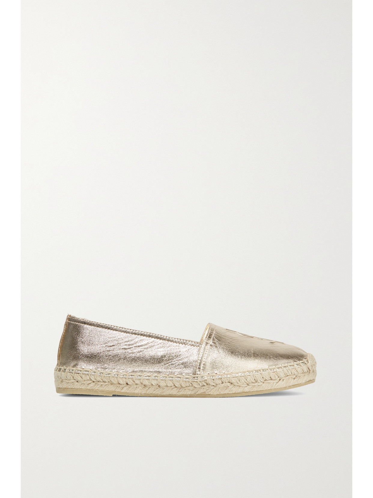 SAINT LAURENT LOGO-EMBOSSED METALLIC LEATHER ESPADRILLES