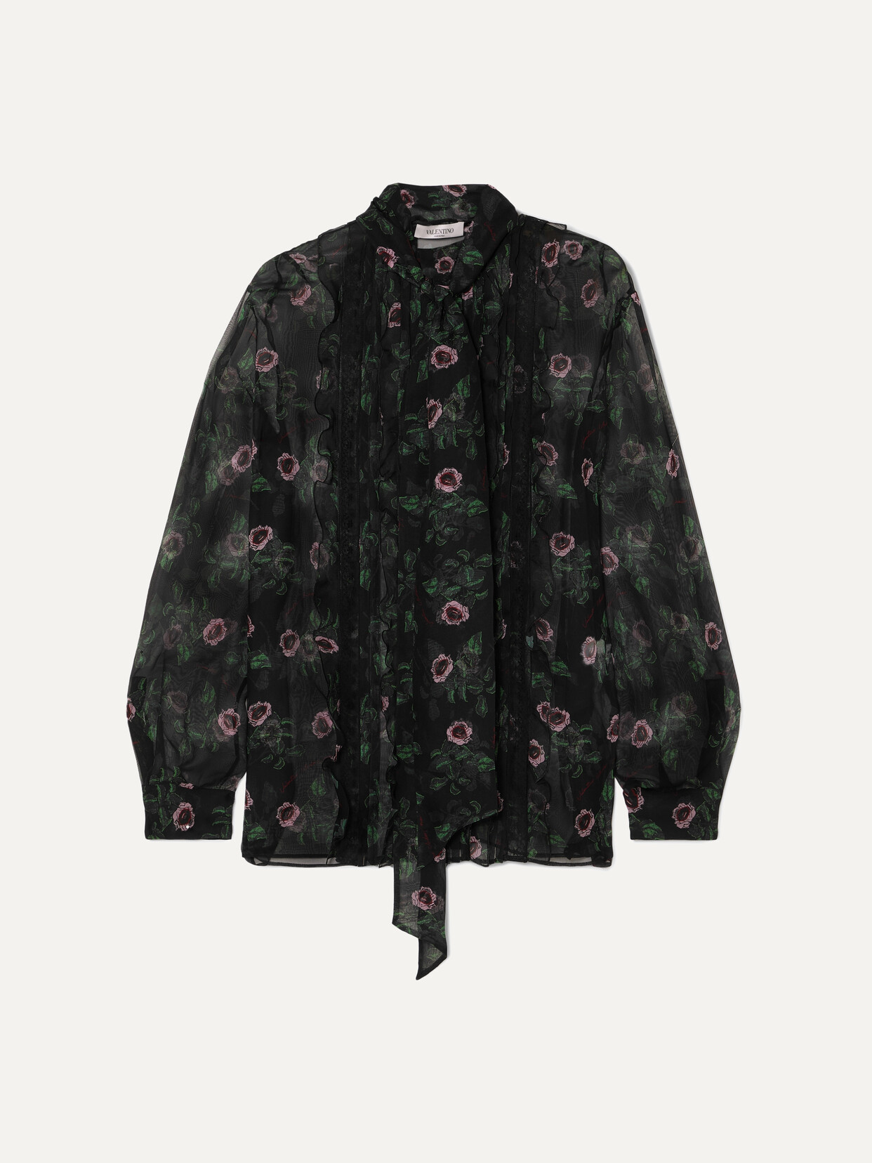 Valentino Pussy-bow Lace-trimmed Floral-print Silk-chiffon Blouse In Black