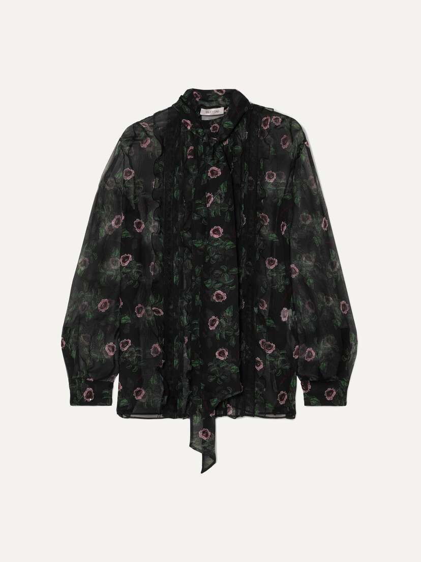 Valentino Garavani Pussy-bow Lace-trimmed Floral-print Silk-chiffon Blouse