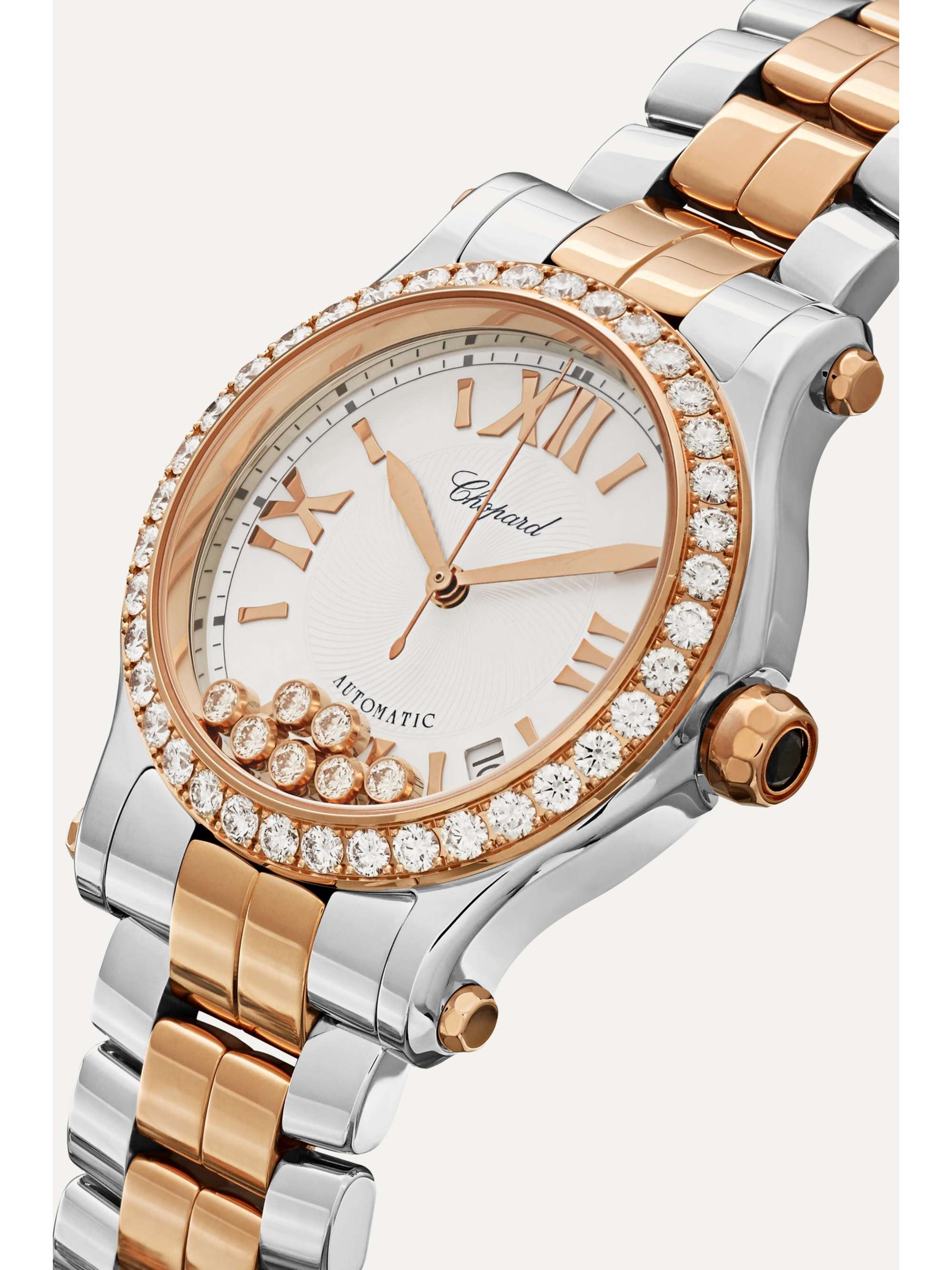 CHOPARD Montre en or rose 18 carats (750/1000), acier inoxydable, diamants et nacre Happy Sport Automatique 36 mm