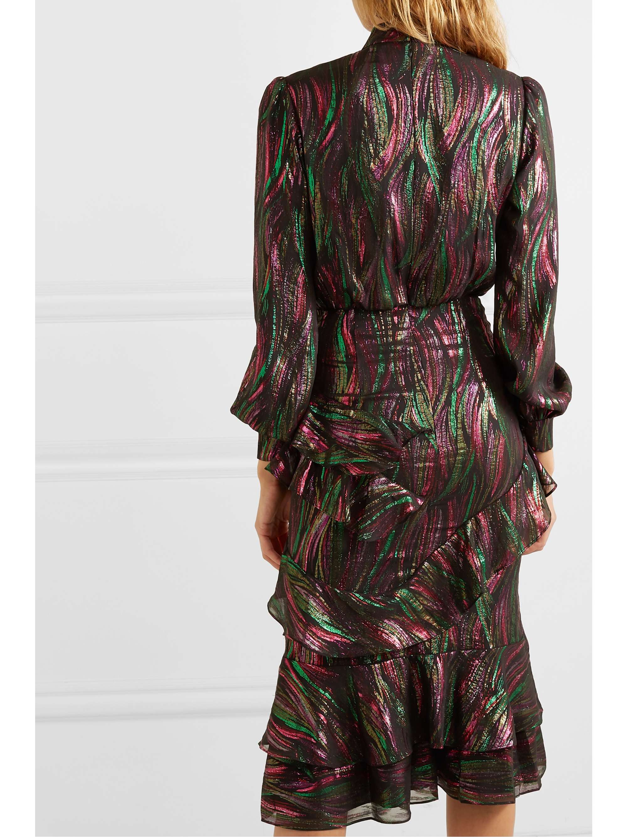 SALONI Isa ruffled metallic silk-blend jacquard midi dress