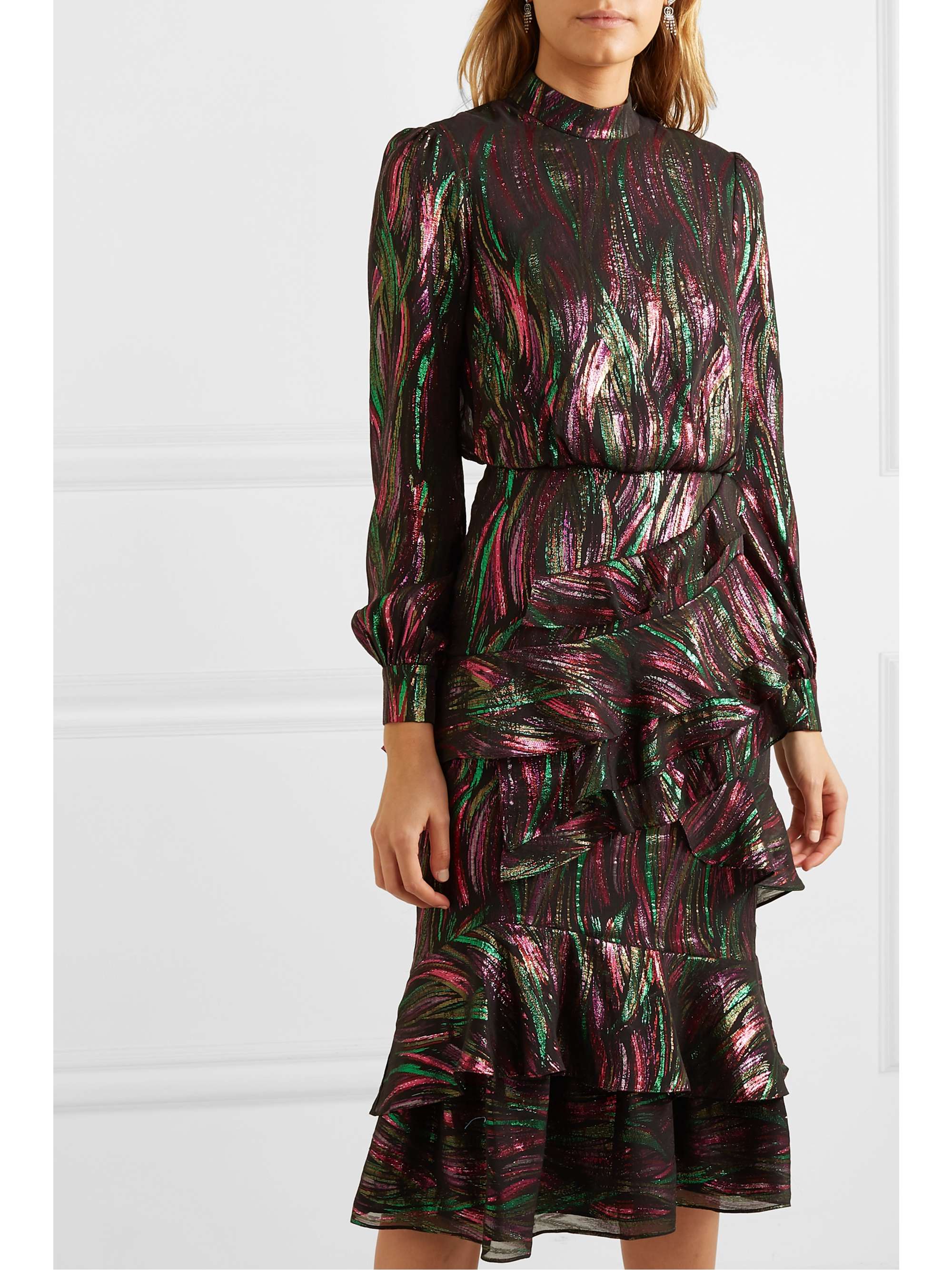 SALONI Isa ruffled metallic silk-blend jacquard midi dress