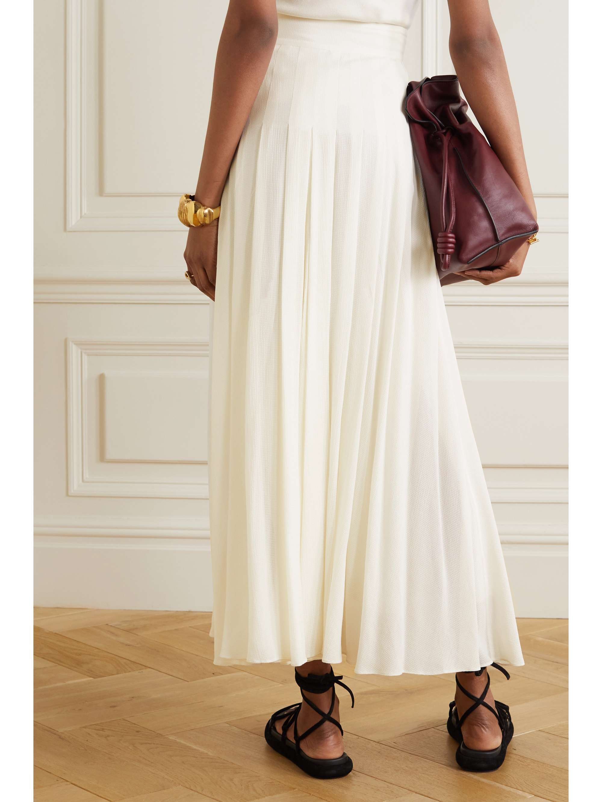 ivory pleated leather skirt