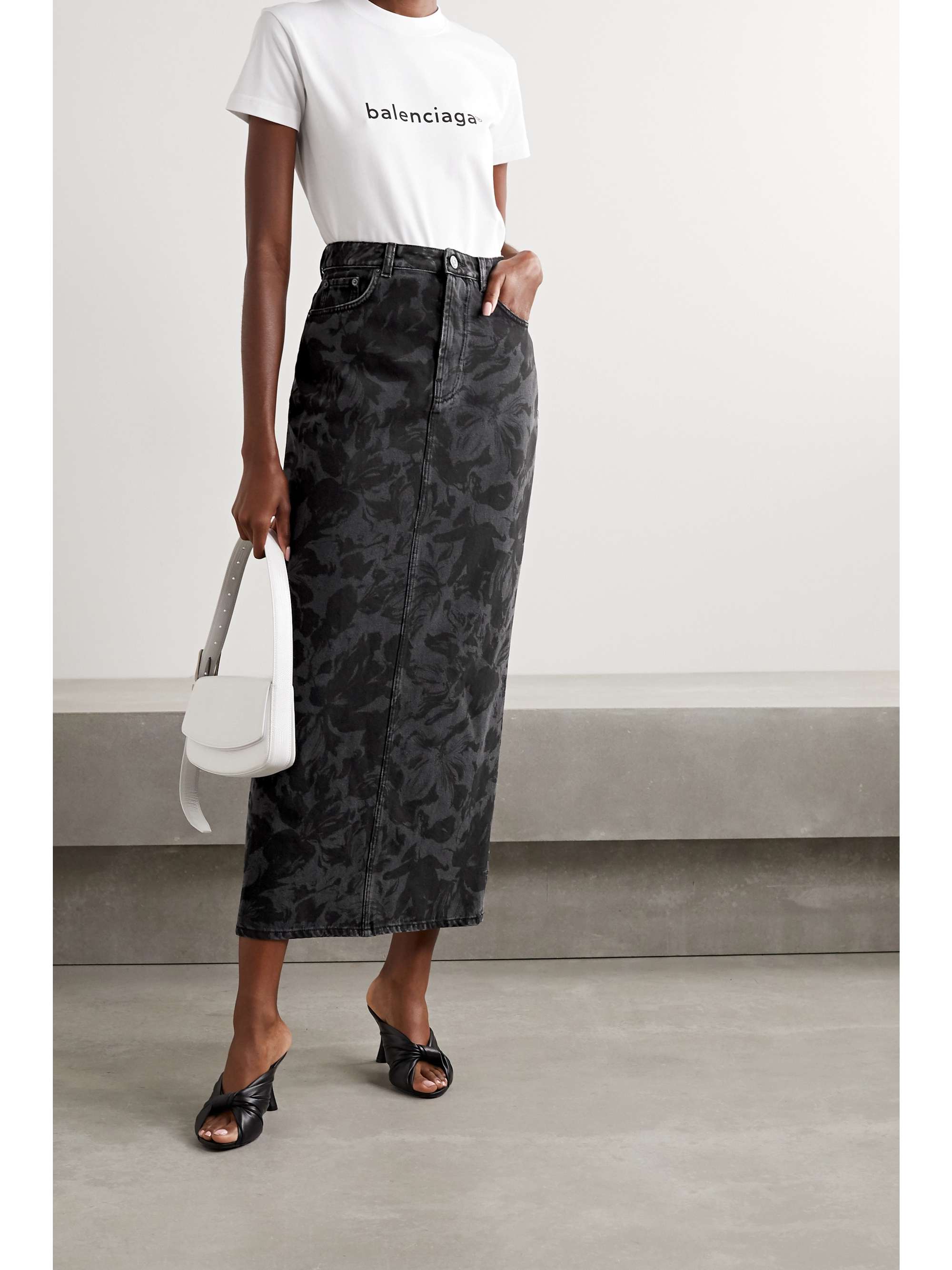 grey denim midi skirt