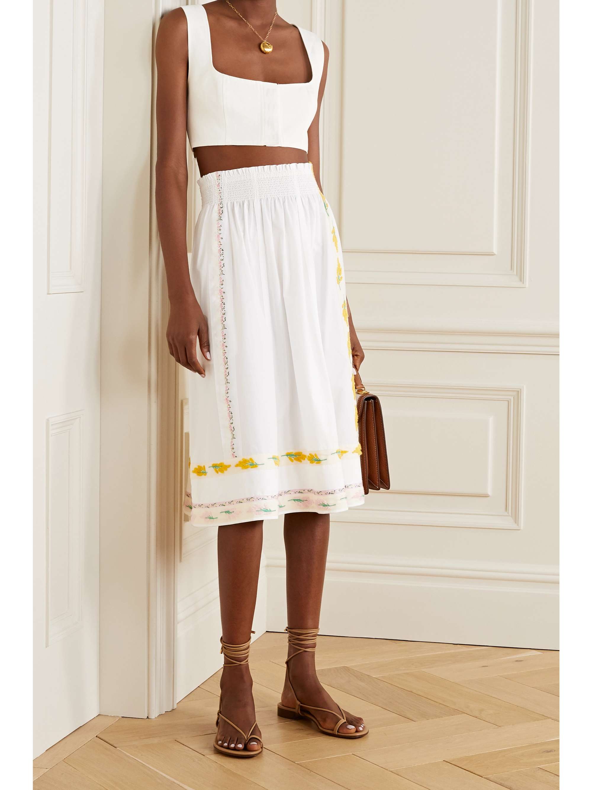 TORY BURCH Grosgrain-trimmed embroidered cotton-poplin midi skirt