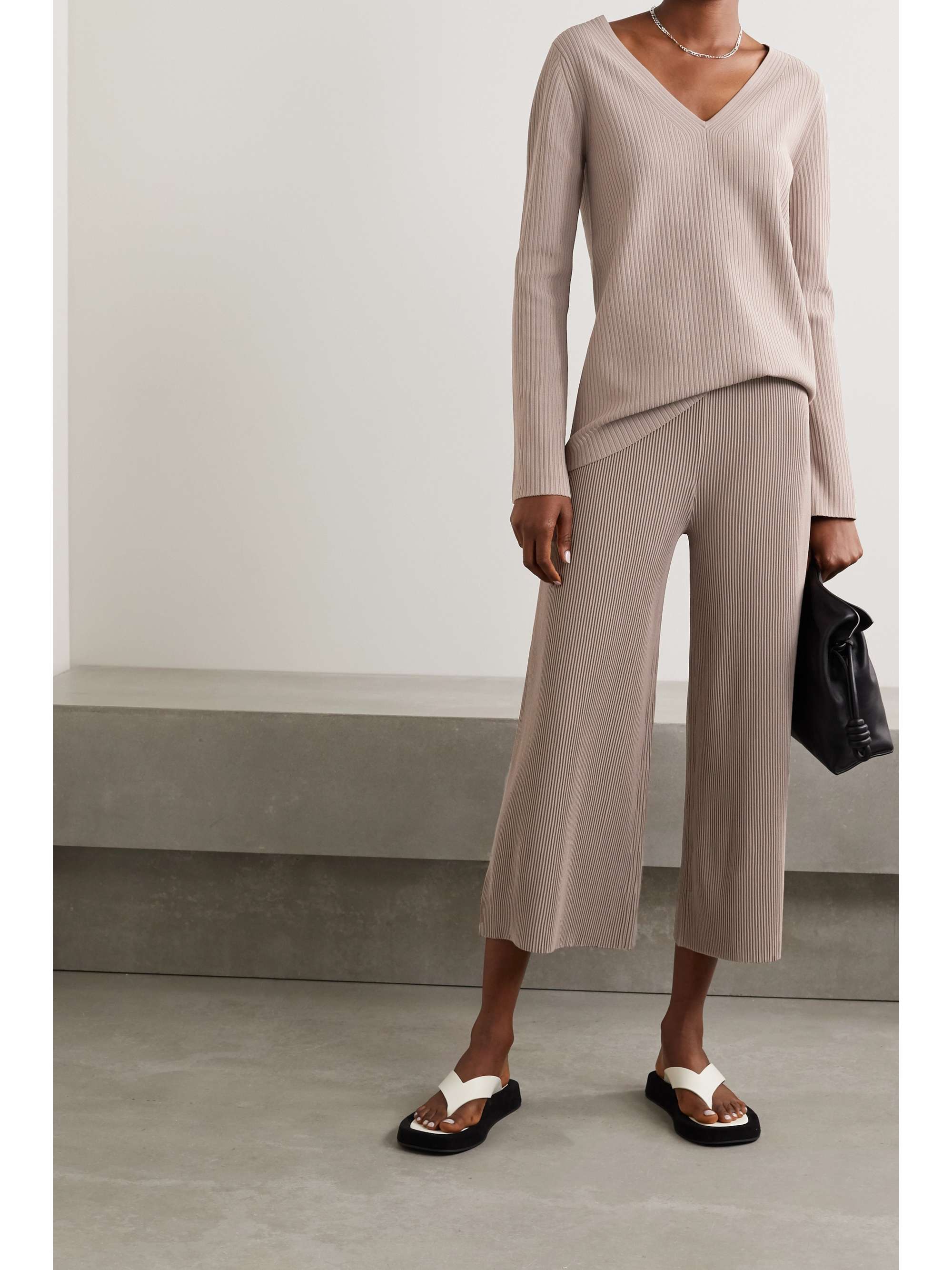 Taupe Henriet cropped ribbed-knit wide 