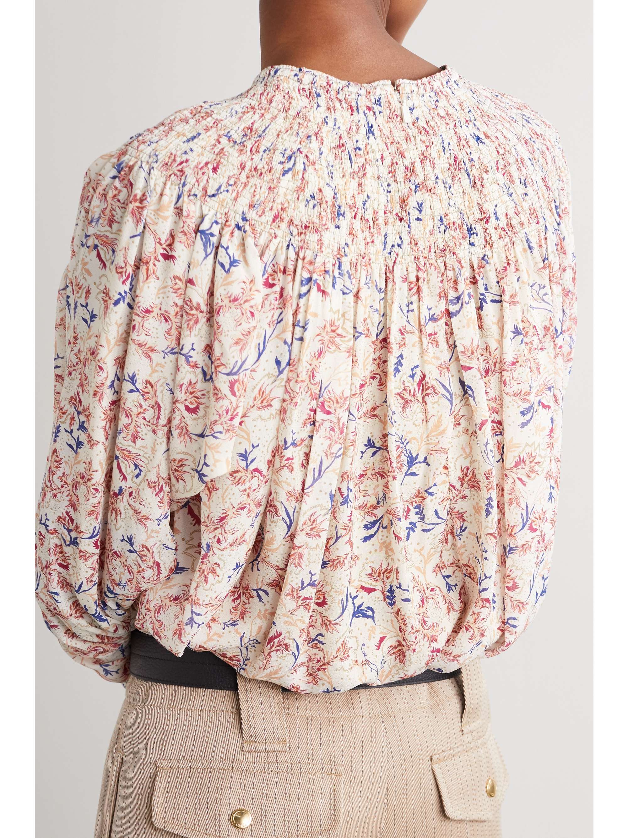 CHLOÉ Ruched shirred floral-print silk blouse