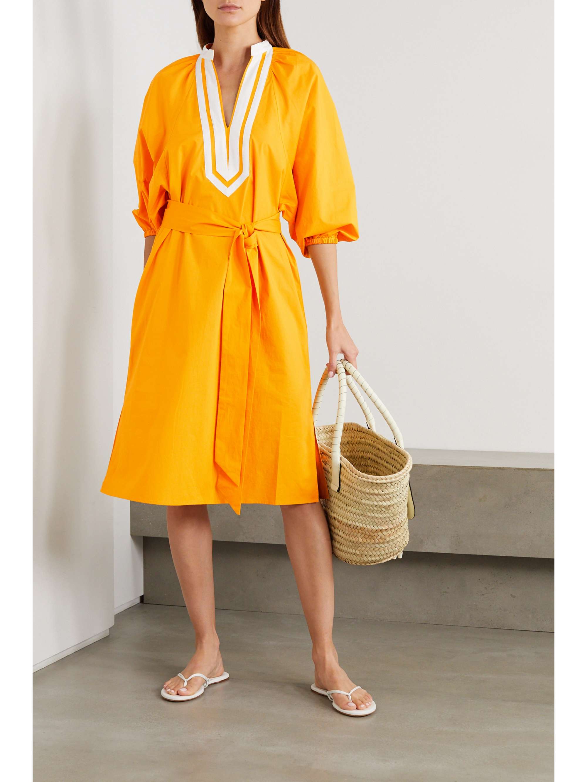 TORY BURCH Belted canvas-trimmed cotton-poplin dress