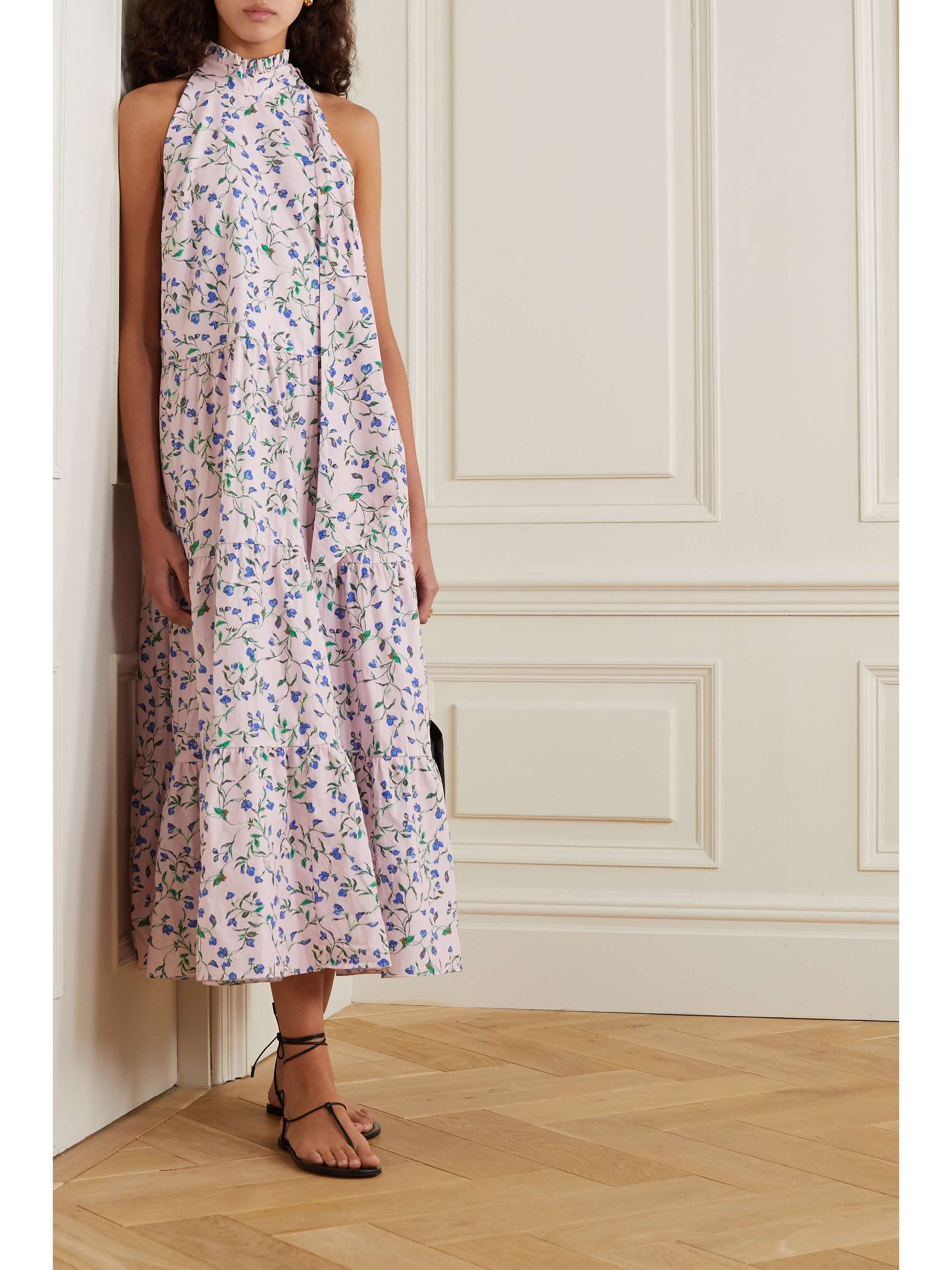 SEREN Toni tie-neck floral-print organic cotton-poplin midi dress