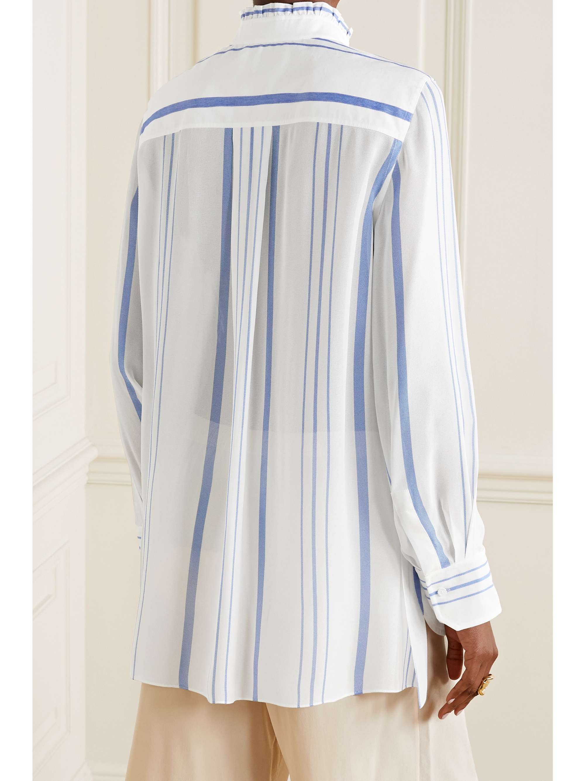 CHLOÉ Ruffled striped cotton and crepe de chine shirt