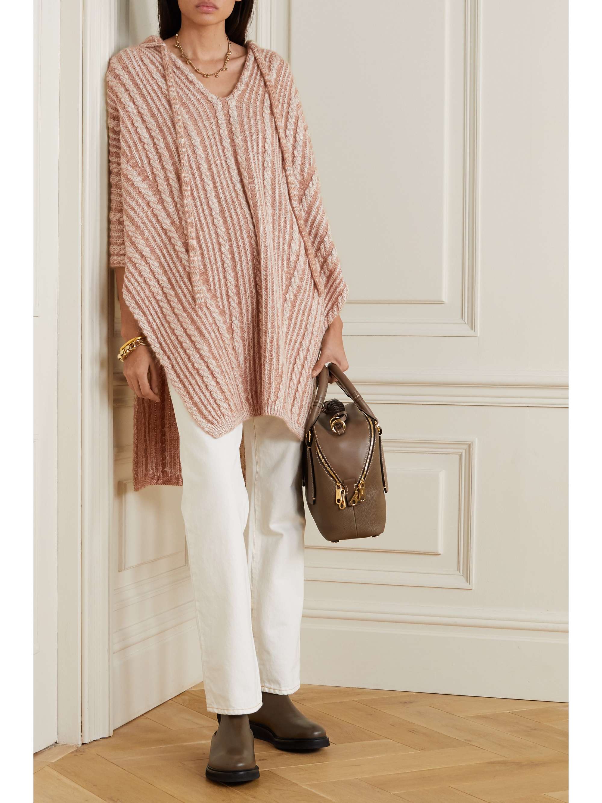 CHLOÉ Hooded cable-knit wool-blend poncho