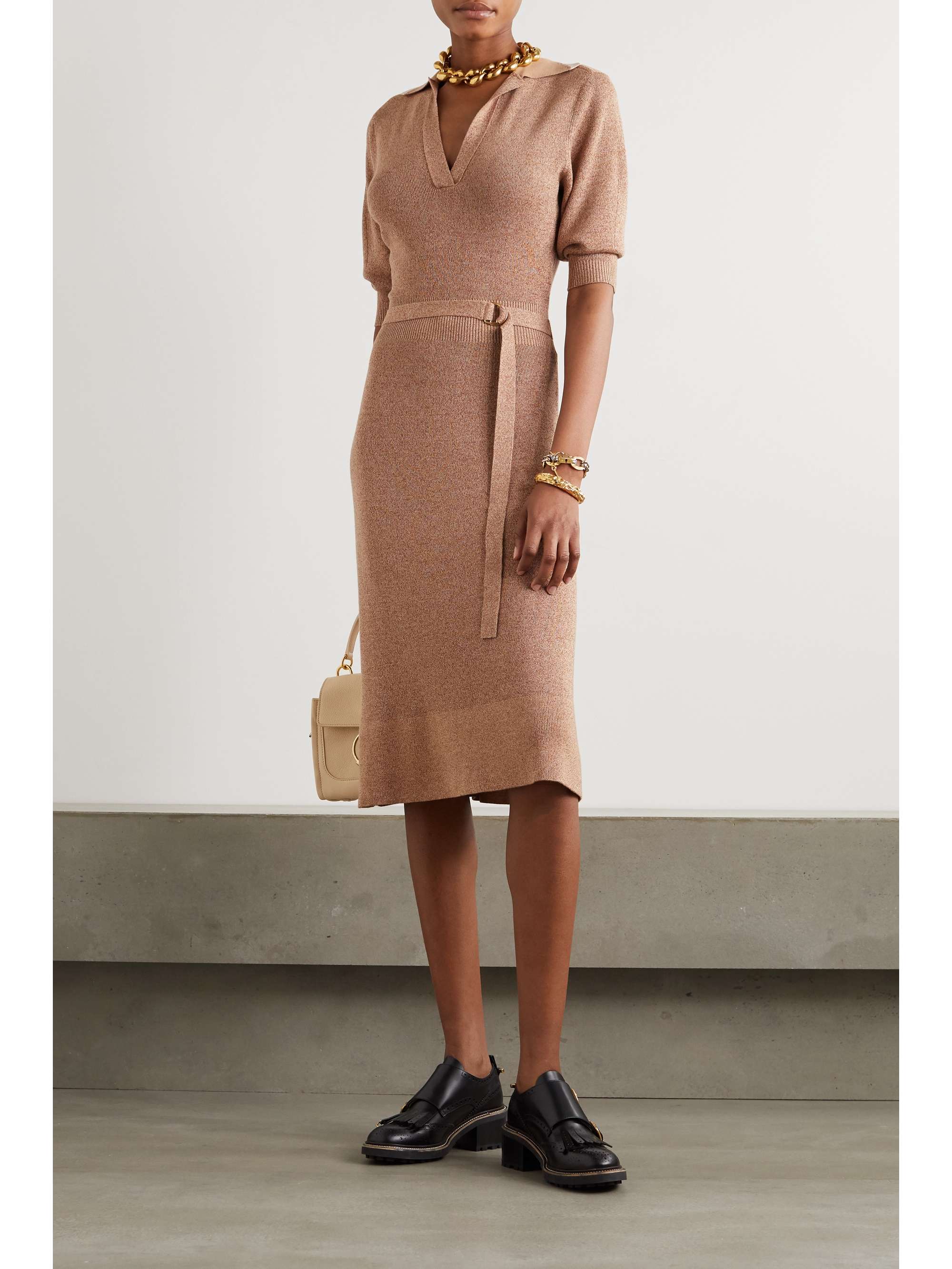 CHLOÉ Belted mélange wool and silk-blend midi dress
