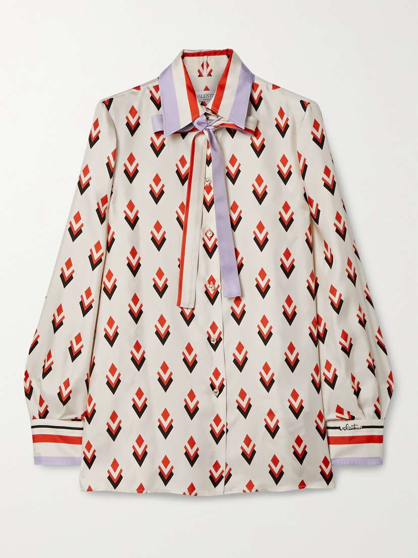 Valentino Garavani Pussy-bow Printed Silk-satin Twill Shirt