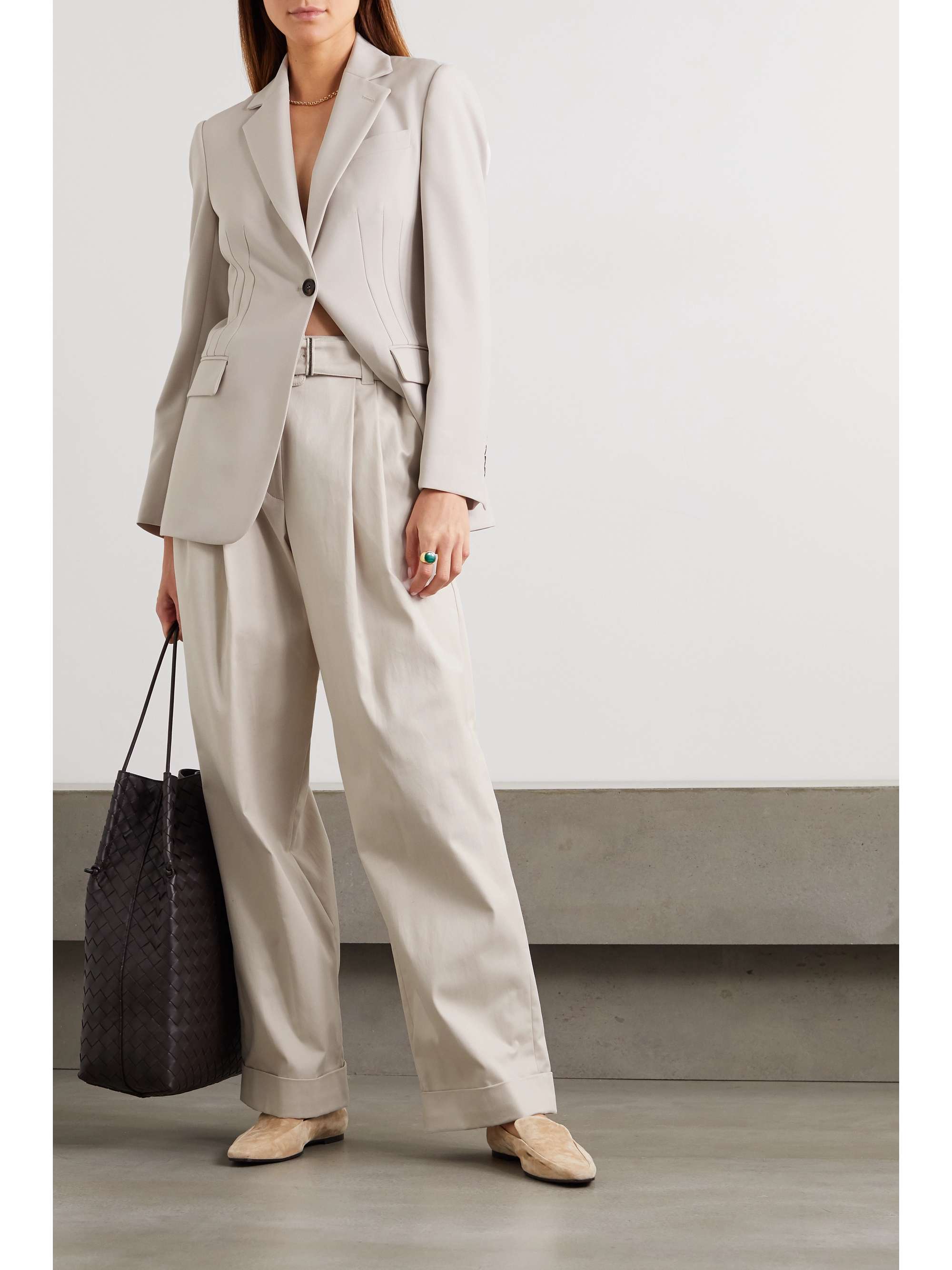 BRUNELLO CUCINELLI Belted bead-embellished pleated cotton-blend twill wide-leg pants