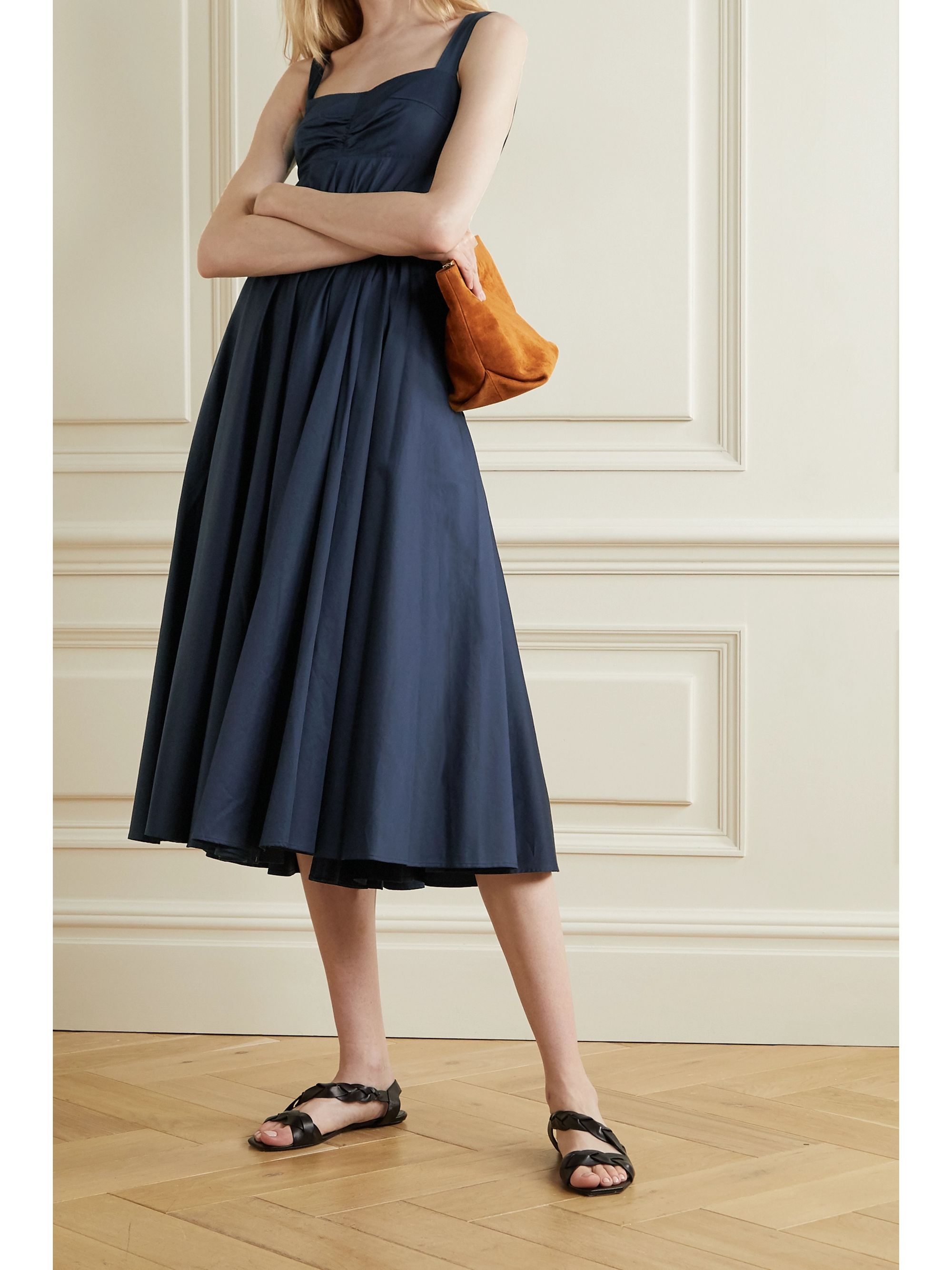 Gathered cotton-sateen midi dress 