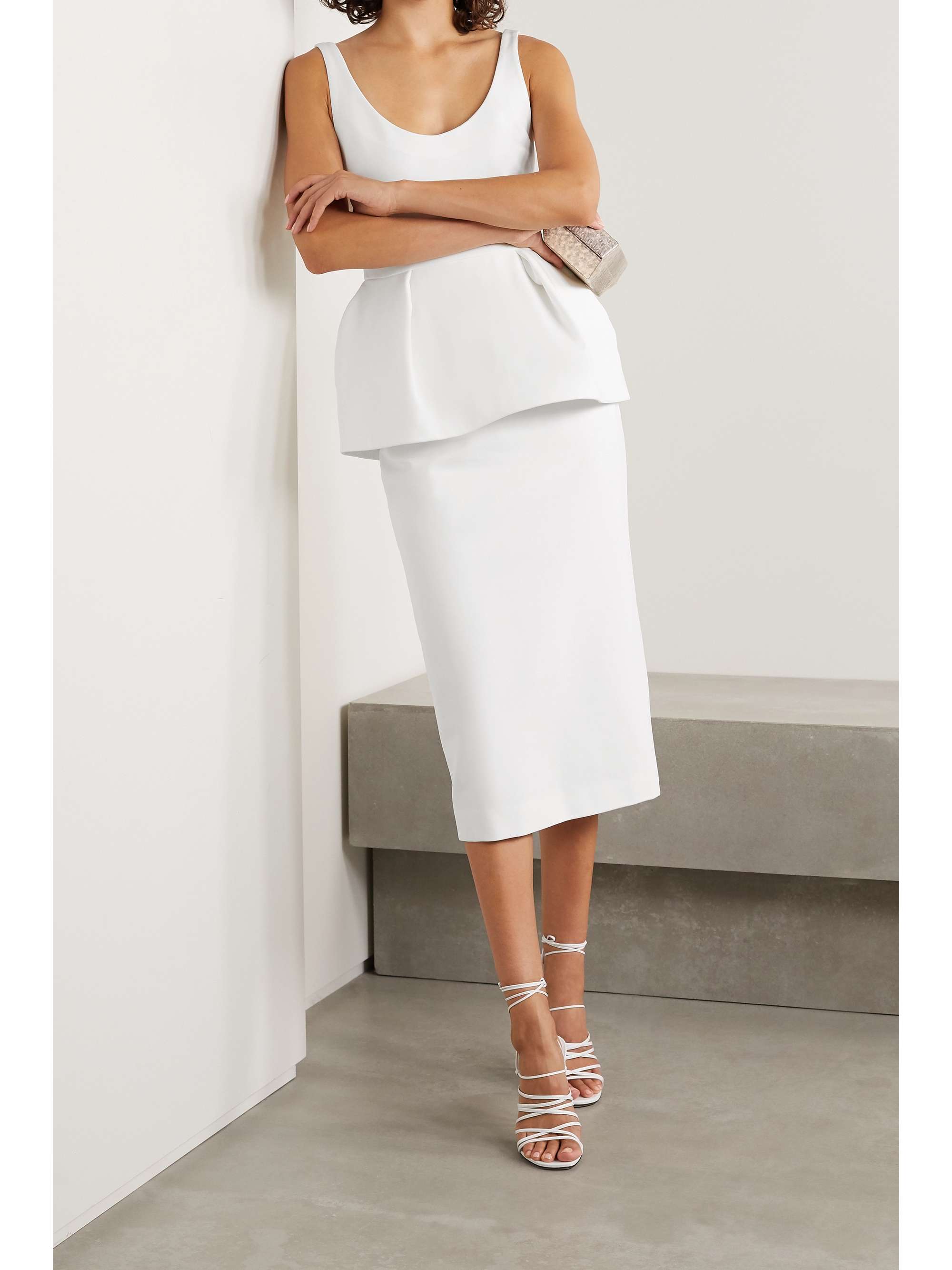 White Stretch-crepe peplum midi dress 