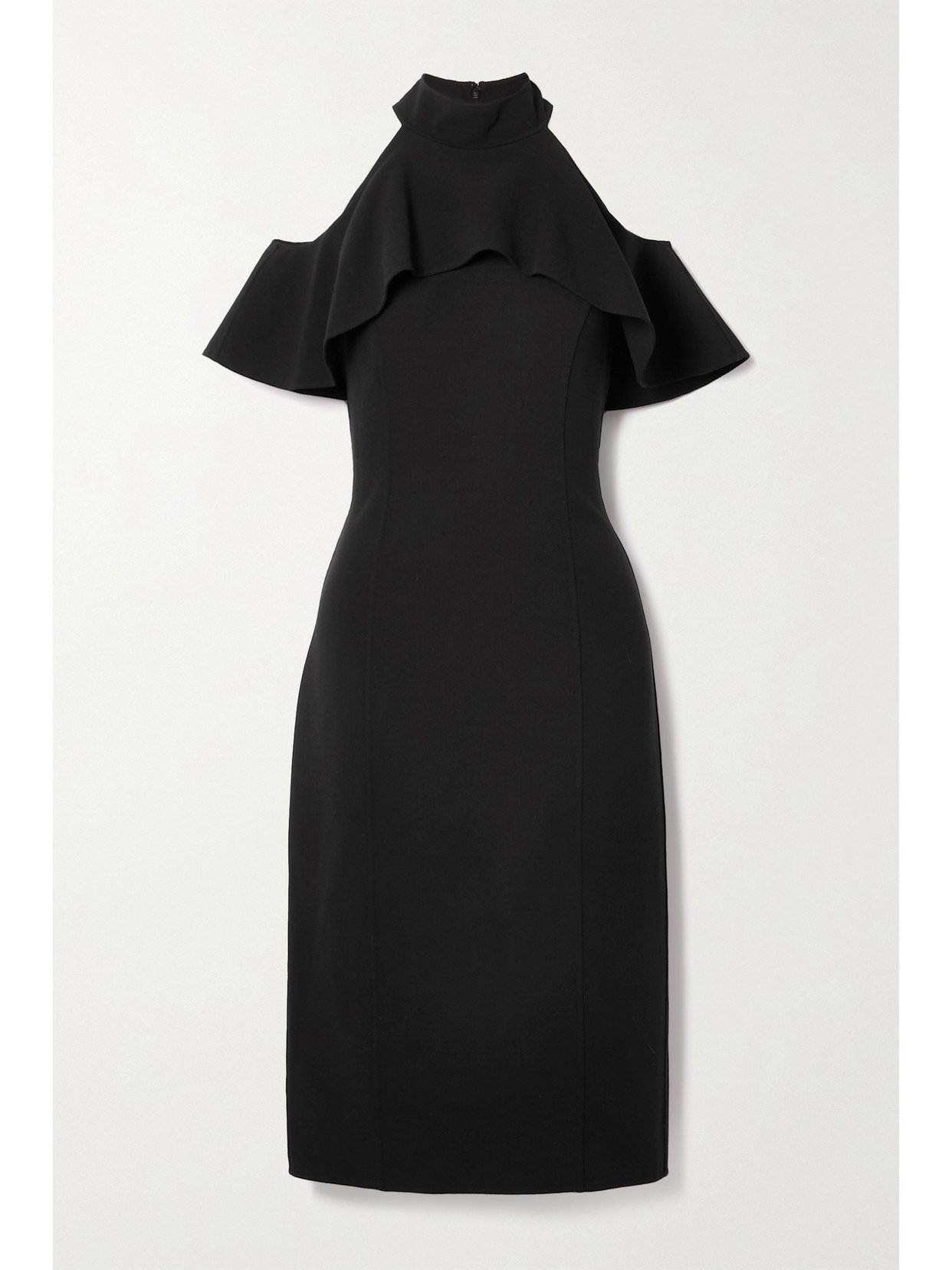 Michael Kors Cold-shoulder Ruffled Stretch-wool Midi Dress In Black