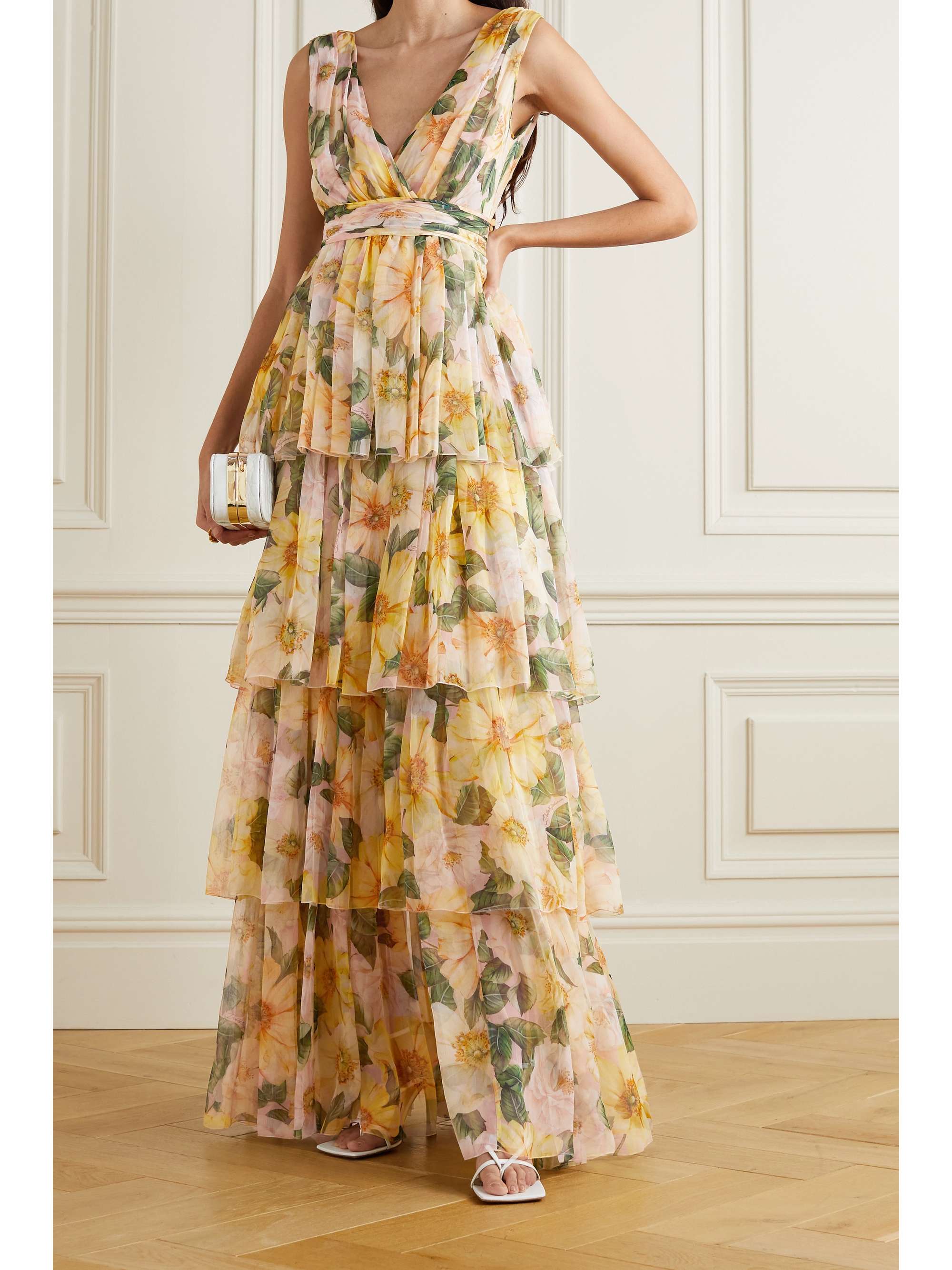 Yellow Tiered floral-print silk-chiffon ...