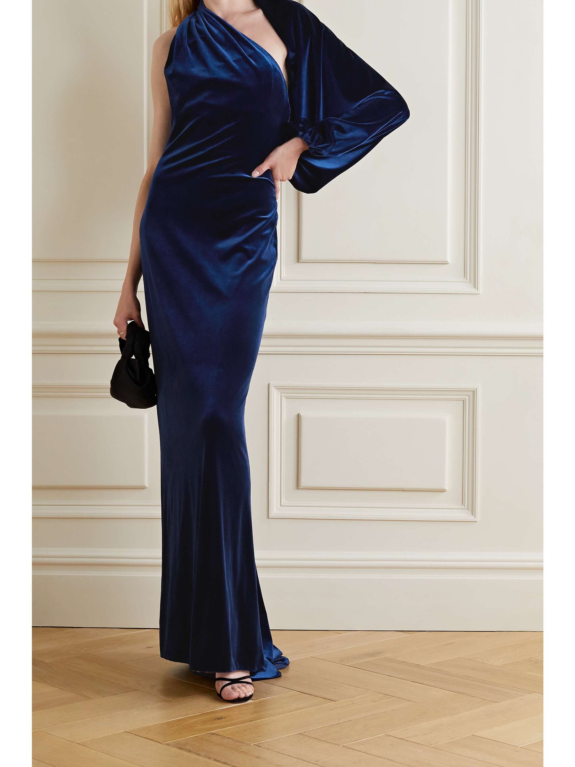 Royal blue velvet dress with structured sleeve