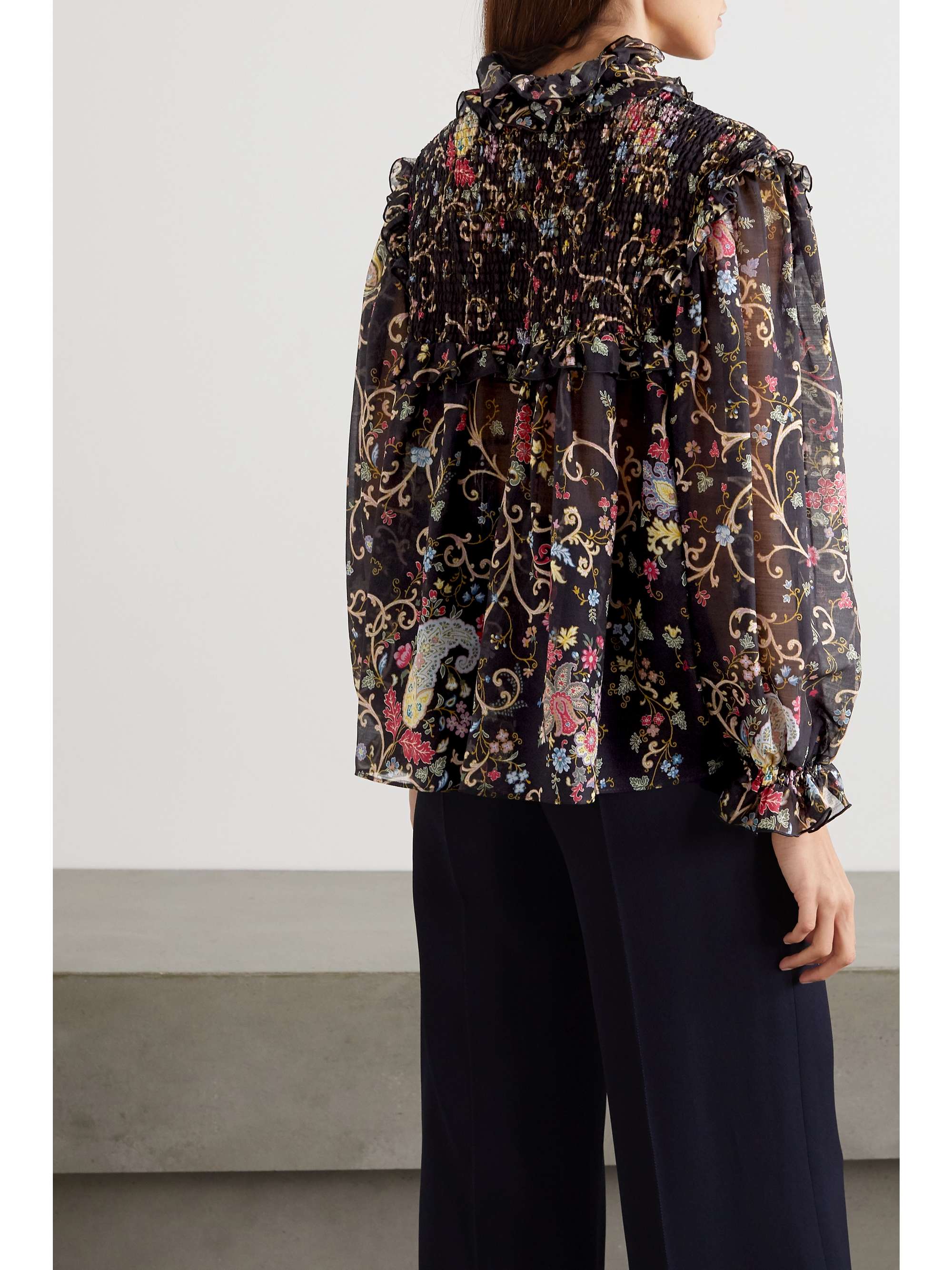 ETRO Ruffled shirred floral-print silk and wool-blend chiffon blouse